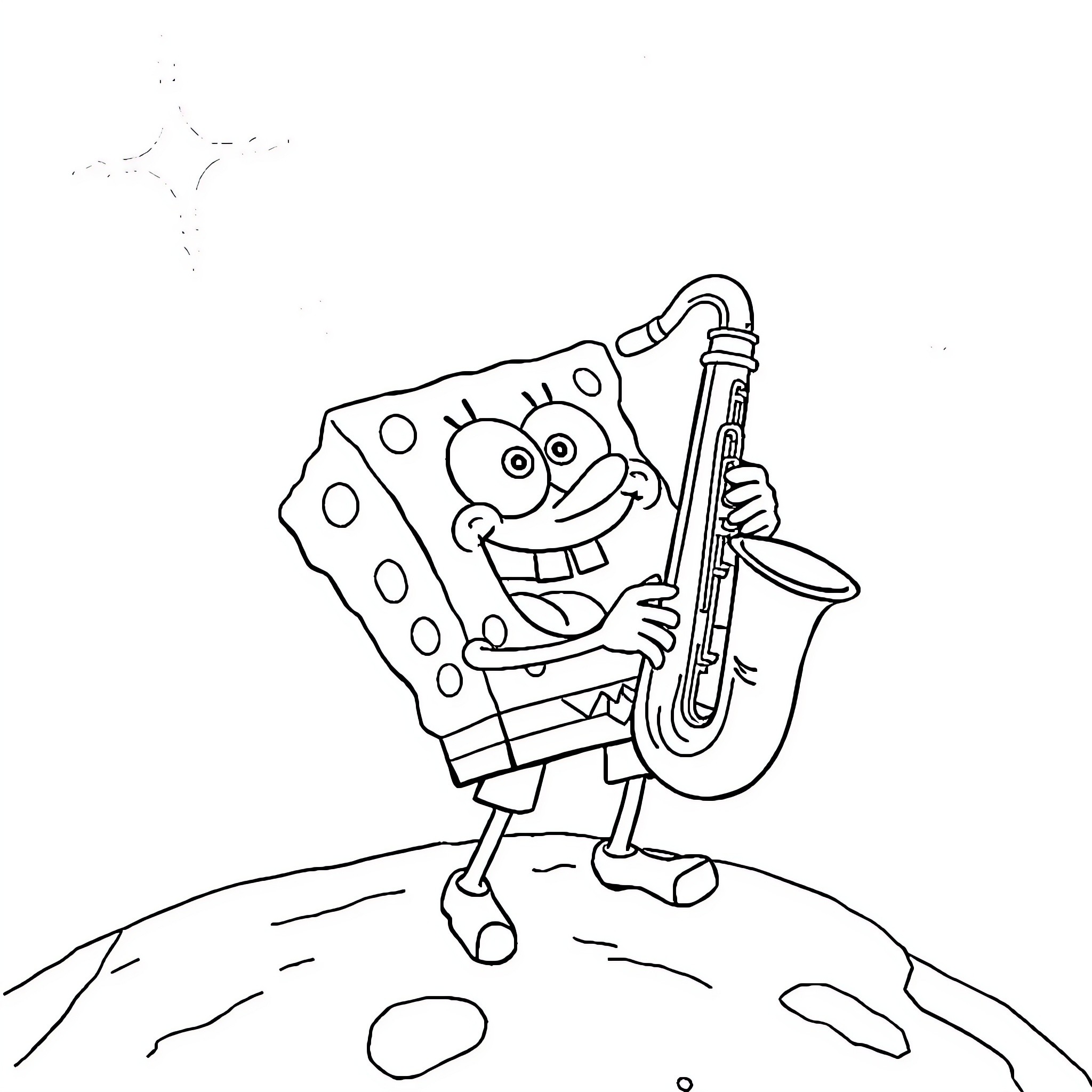 Spongebob playing saxophone on the moon Coloring Page (free black-and-white line drawing printable PDF for all, from beginners to advanced learners, including children, teens, adults, and seniors)