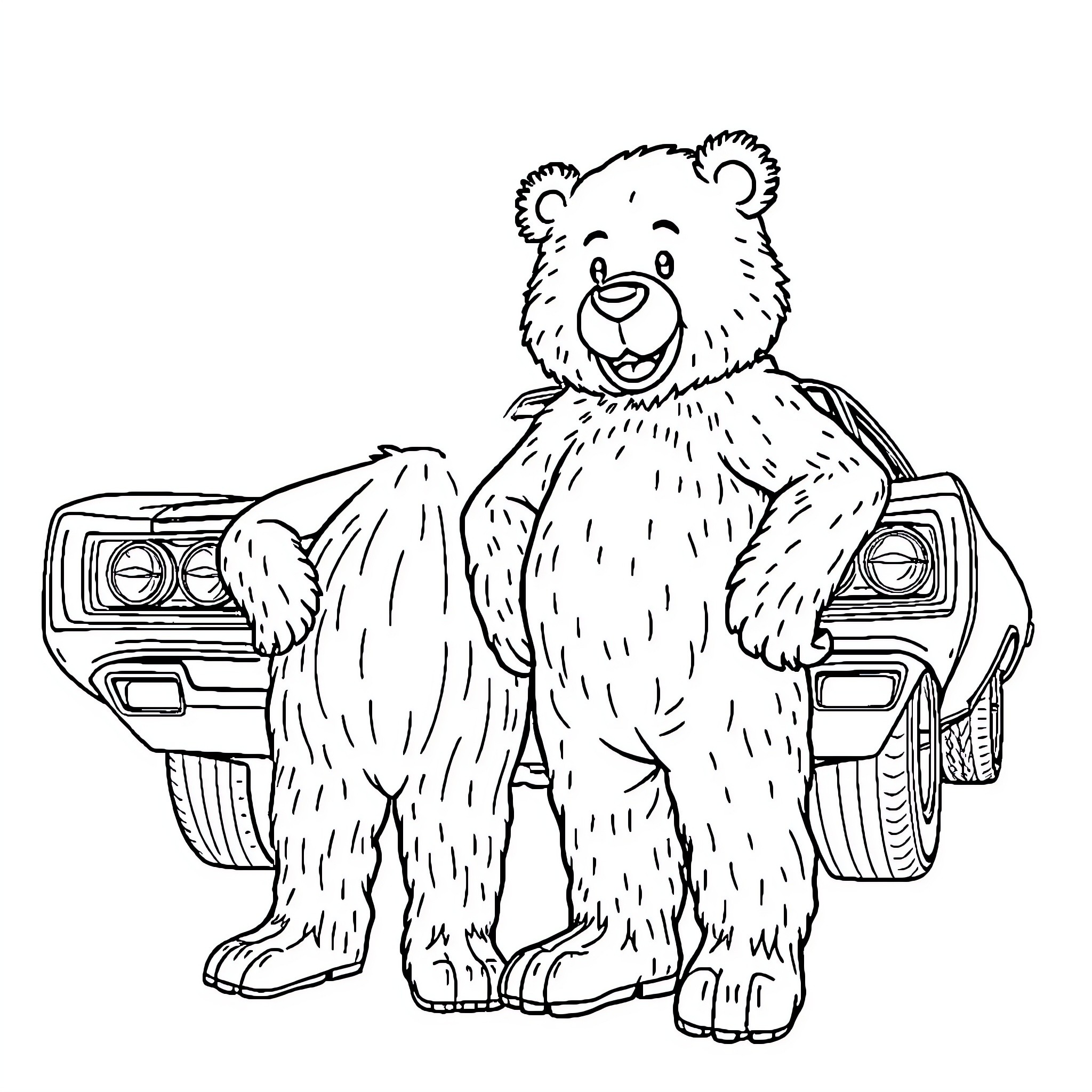 RootBear having fun with an old car Coloring Page (free black-and-white line drawing printable PDF for all, from beginners to advanced learners, including children, teens, adults, and seniors)