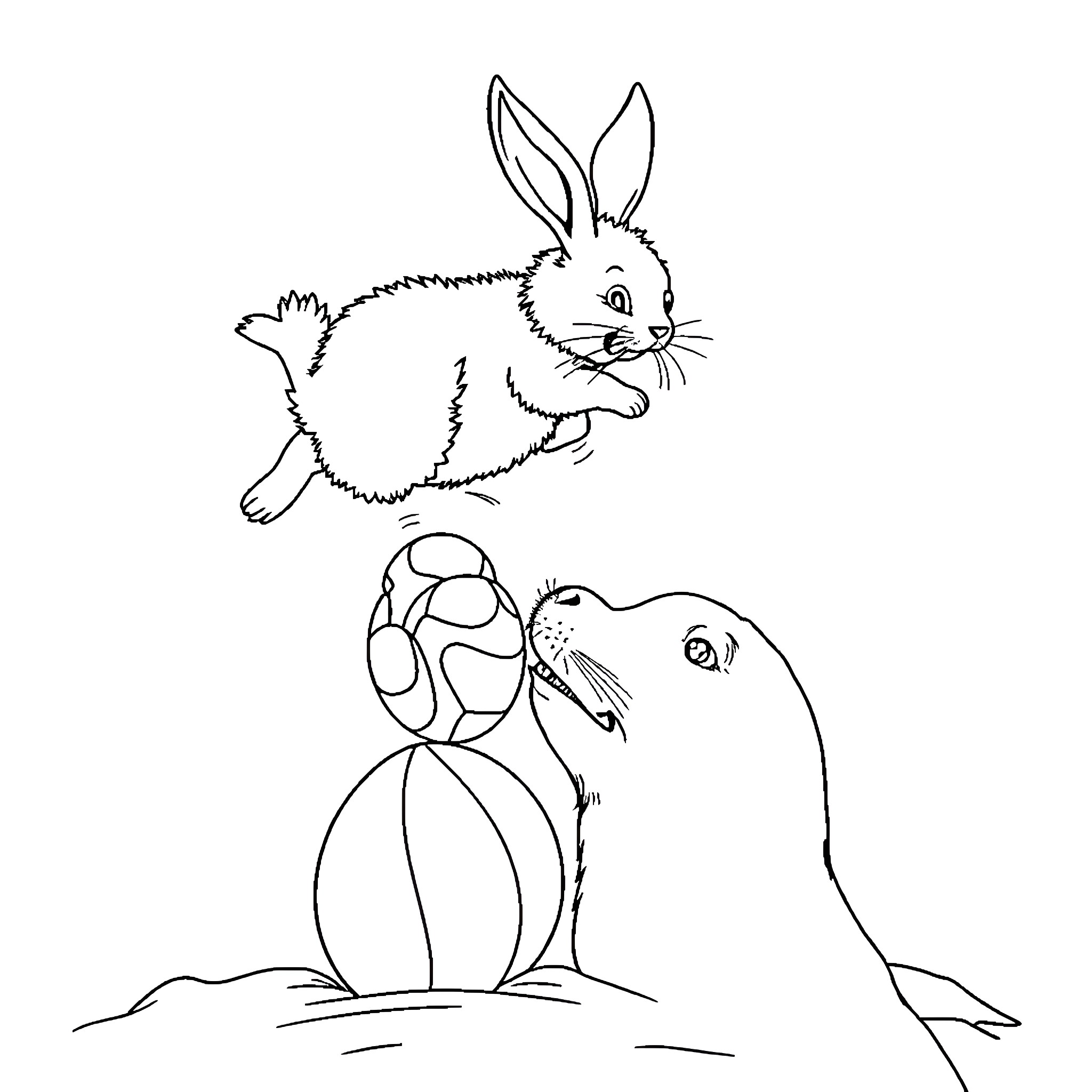 Bunny frolicking with colorful Easter egg Coloring Page (free black-and-white line drawing printable PDF for all, from beginners to advanced learners, including children, teens, adults, and seniors)