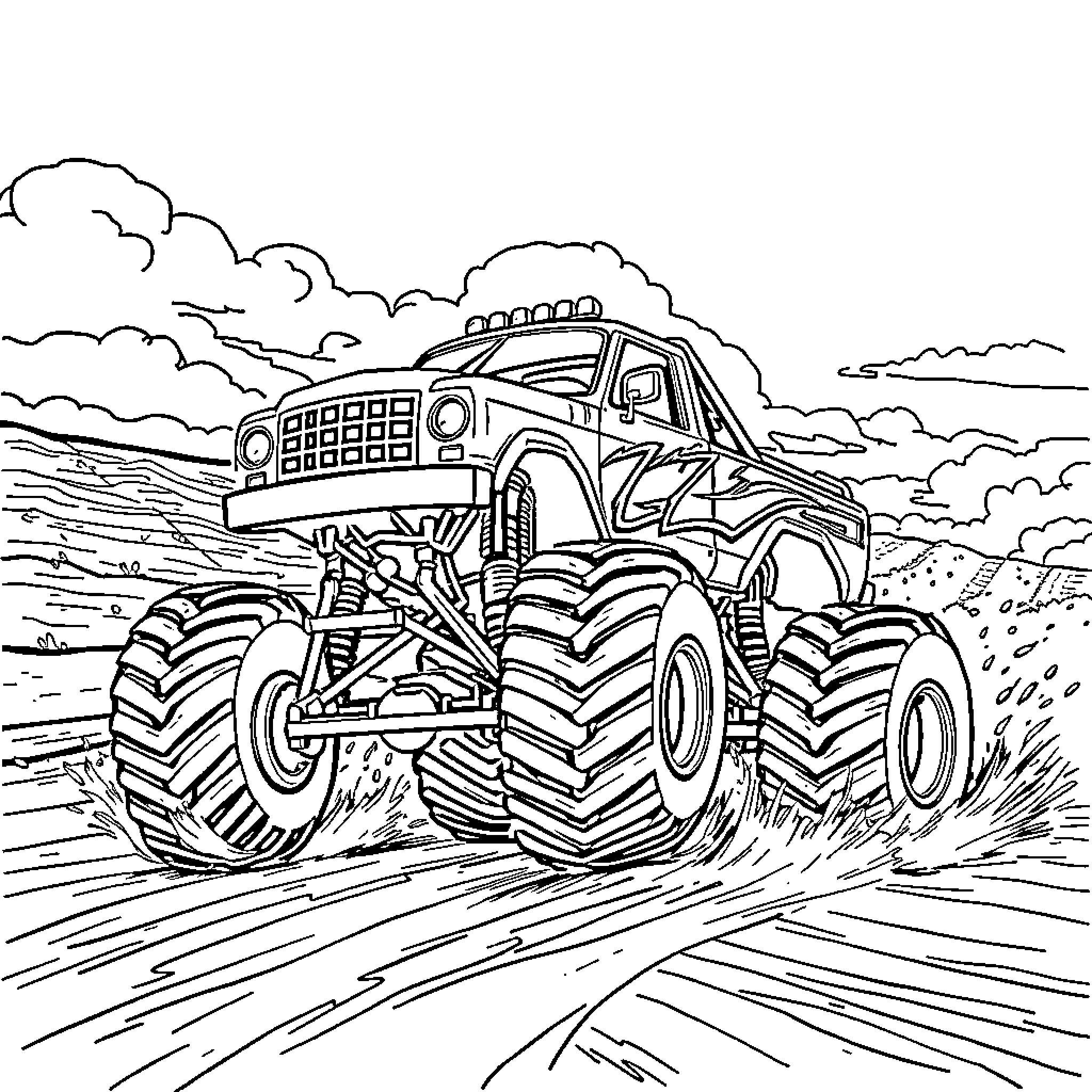 Monster Truck Crushing Terrain in Action Coloring Page (free black-and-white line drawing printable PDF for all, from beginners to advanced learners, including children, teens, adults, and seniors)