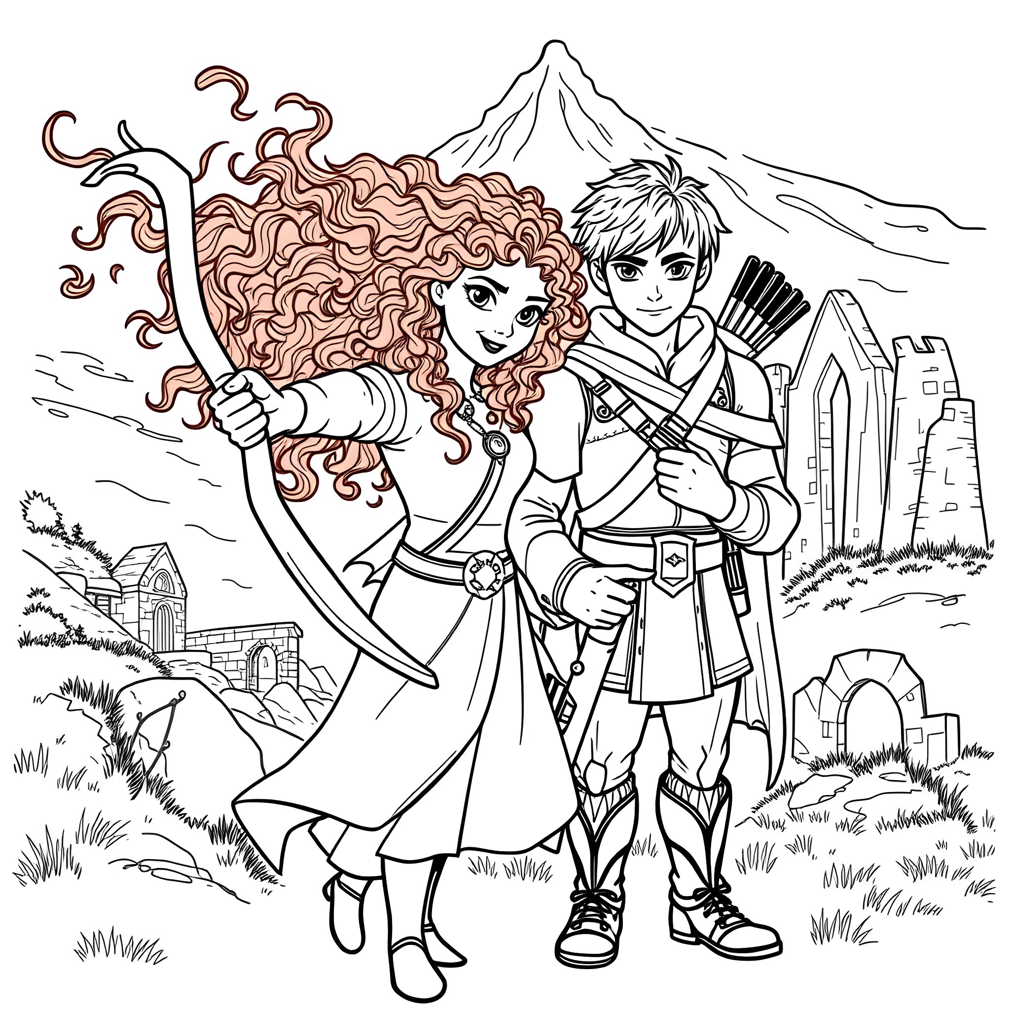 Merida and her archery companion enjoying the outdoors Coloring Page (free black-and-white line drawing printable PDF for all, from beginners to advanced learners, including children, teens, adults, and seniors)