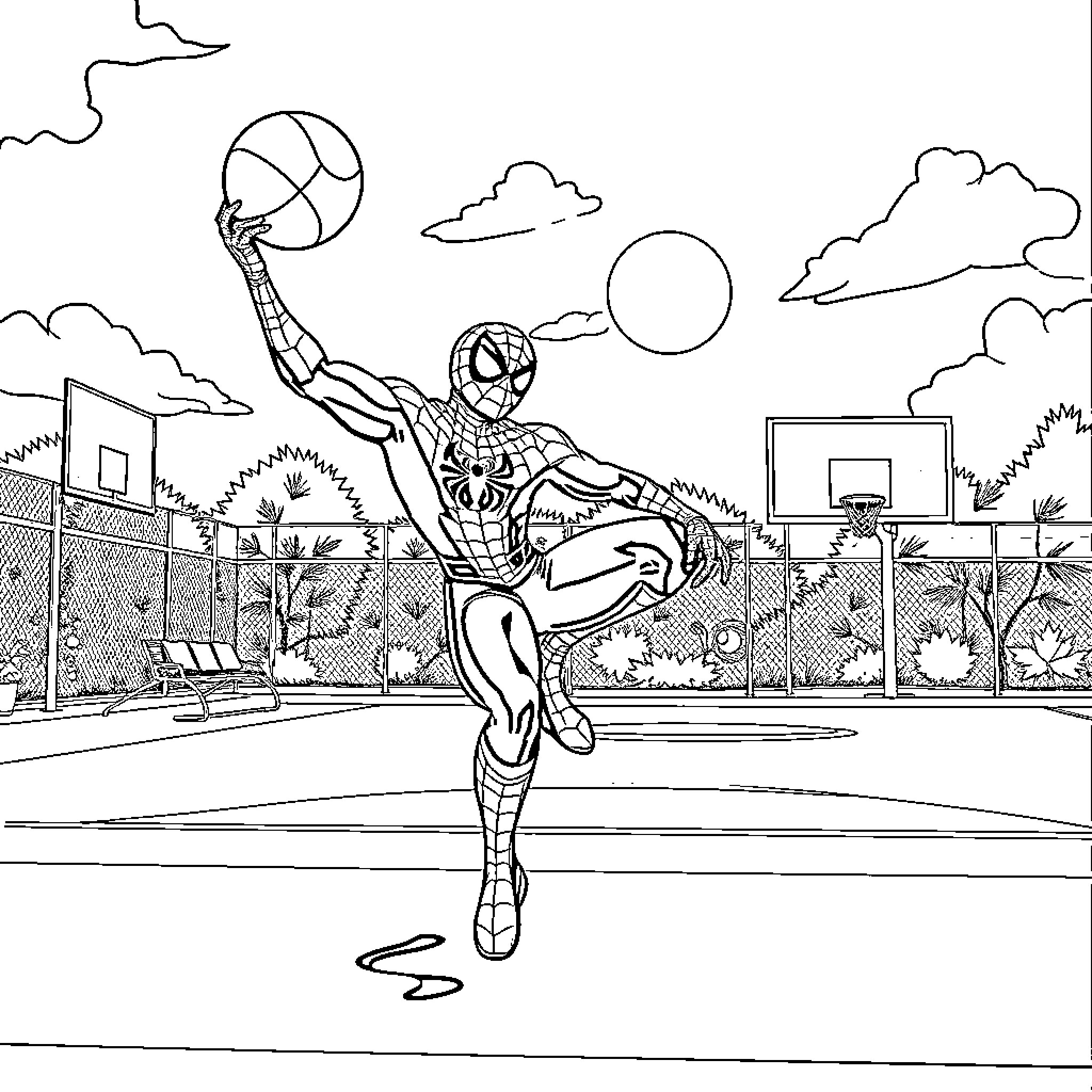 Spiderman playing basketball on the court Coloring Page (free black-and-white line drawing printable PDF for all, from beginners to advanced learners, including children, teens, adults, and seniors)