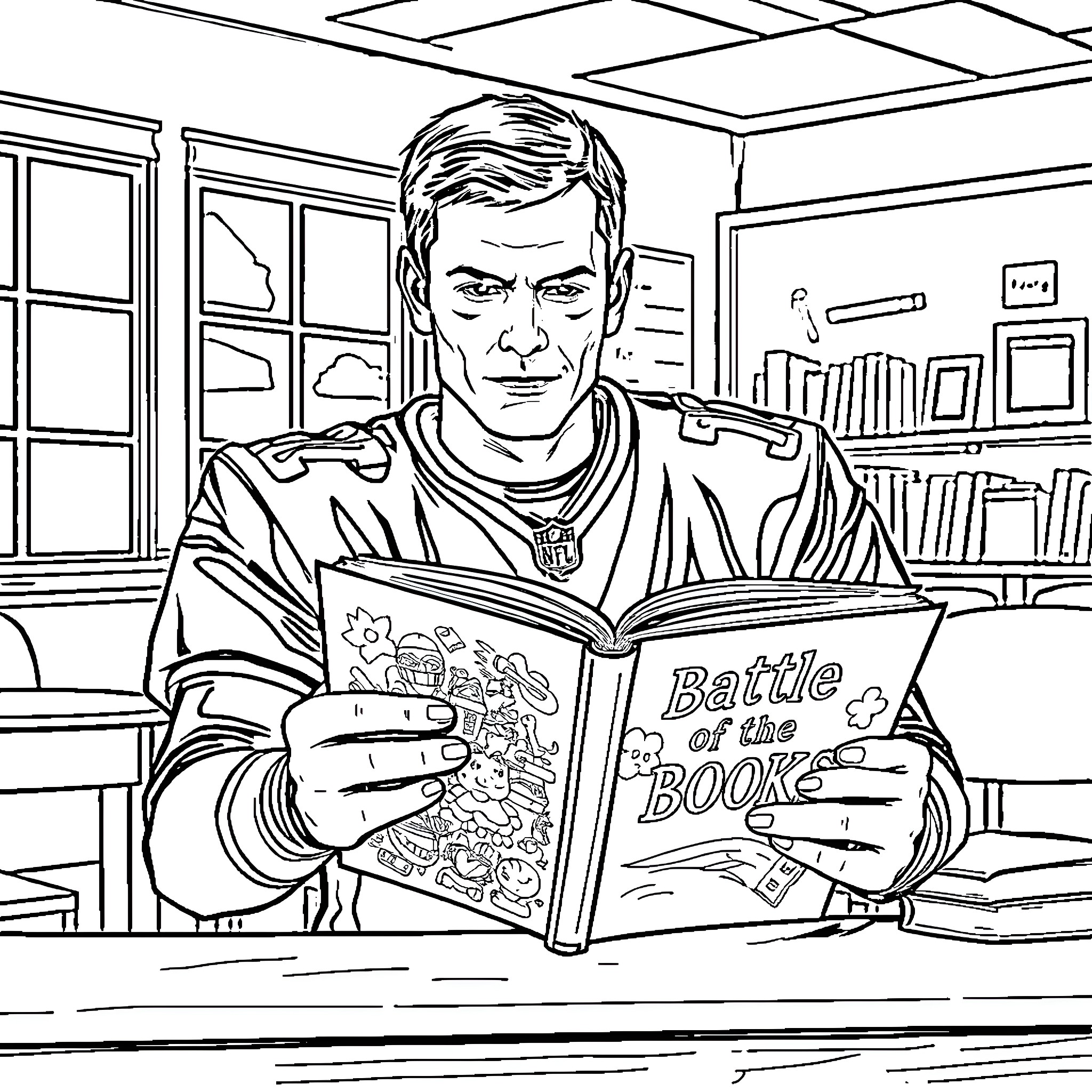 Tom Brady Reading Battle of the Books Coloring Page (free black-and-white line drawing printable PDF for all, from beginners to advanced learners, including children, teens, adults, and seniors)