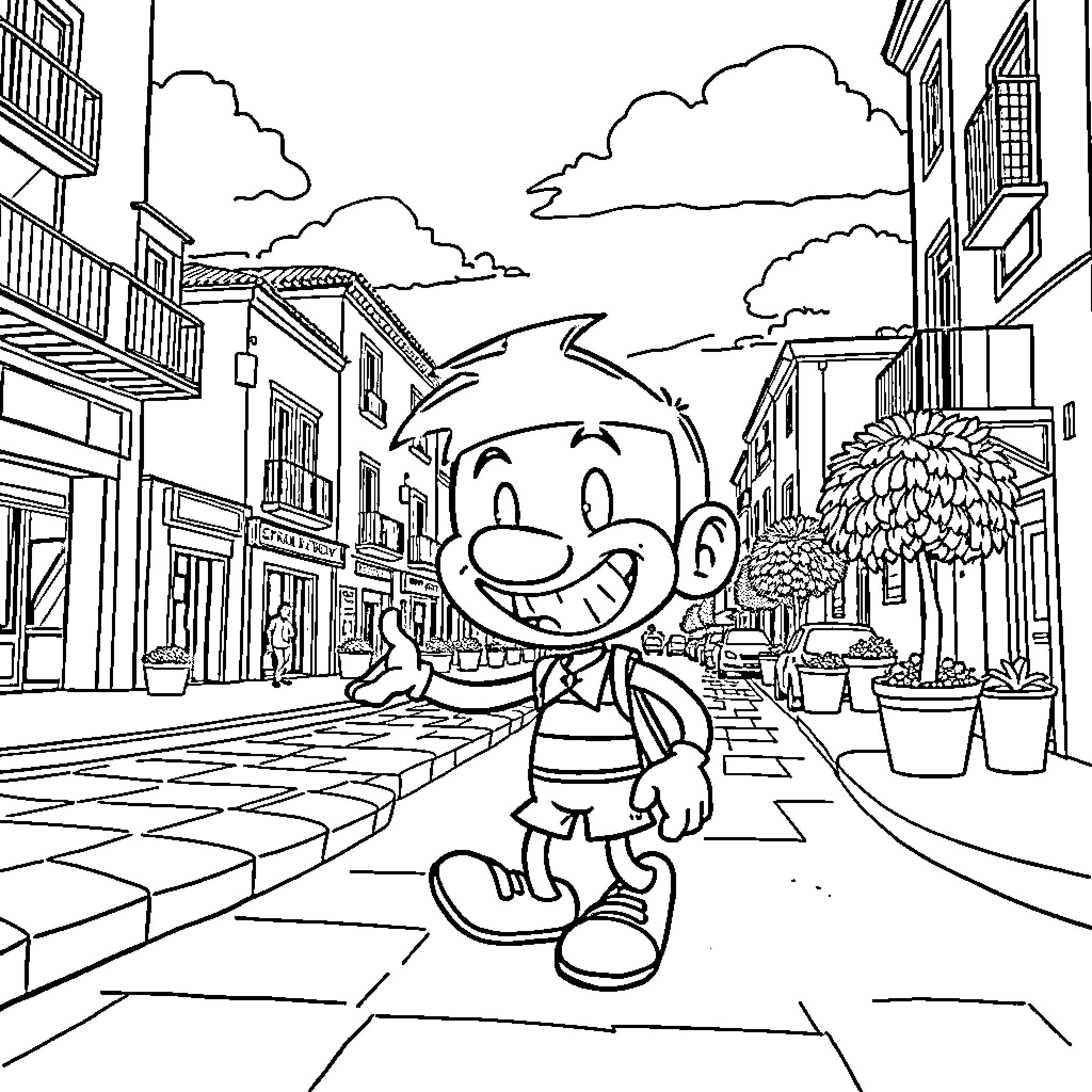 Cuphead exploring a lively town Coloring Page (free black-and-white line drawing printable PDF for all, from beginners to advanced learners, including children, teens, adults, and seniors)