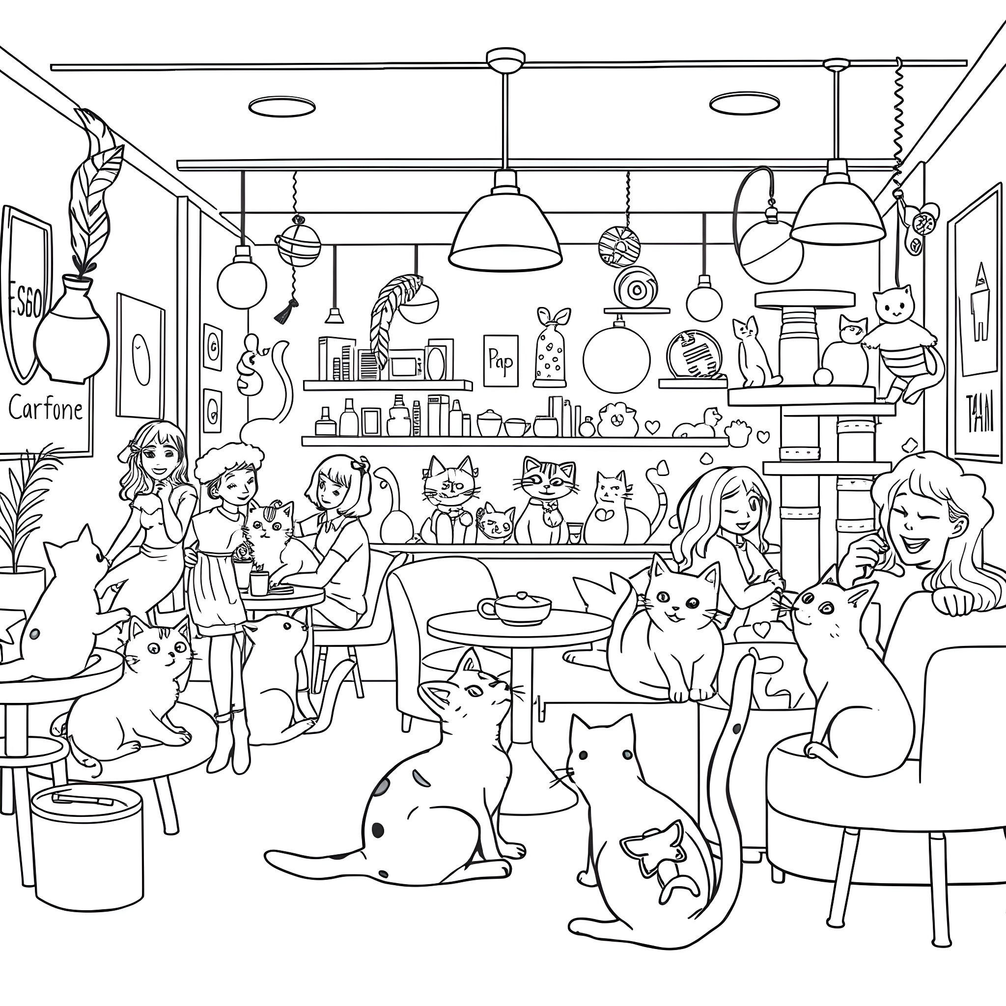 Cat Toy Shop with Playful Feline Friends Coloring Page (free black-and-white line drawing printable PDF for all, from beginners to advanced learners, including children, teens, adults, and seniors)