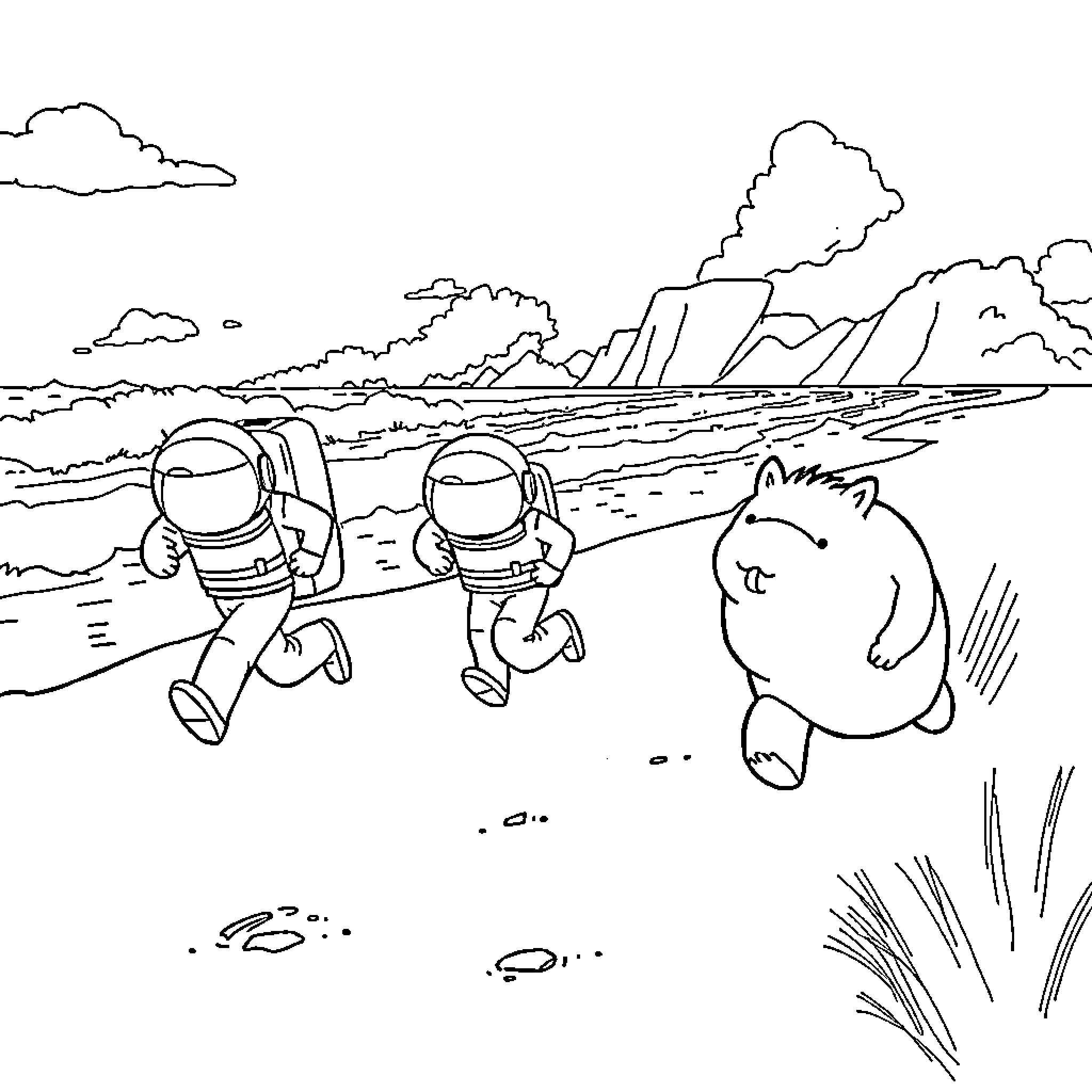 Among Us Astronauts on an Alien Landscape Coloring Page (free black-and-white line drawing printable PDF for all, from beginners to advanced learners, including children, teens, adults, and seniors)