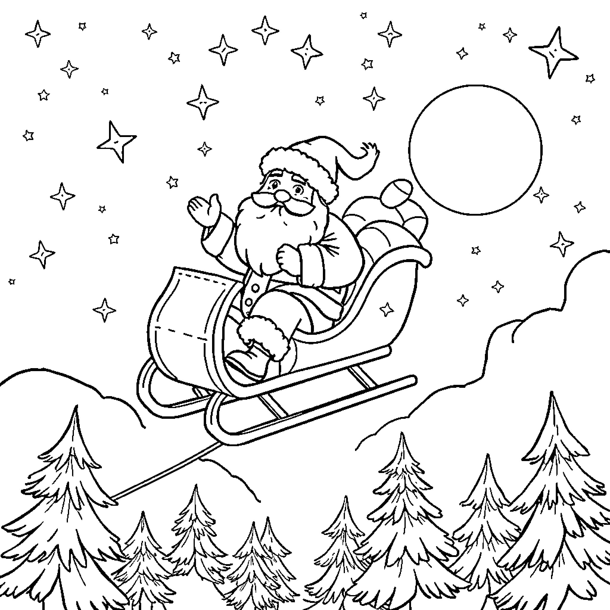 Père Noël riding his sleigh through the snowy night sky Coloring Page (free black-and-white line drawing printable PDF for all, from beginners to advanced learners, including children, teens, adults, and seniors)