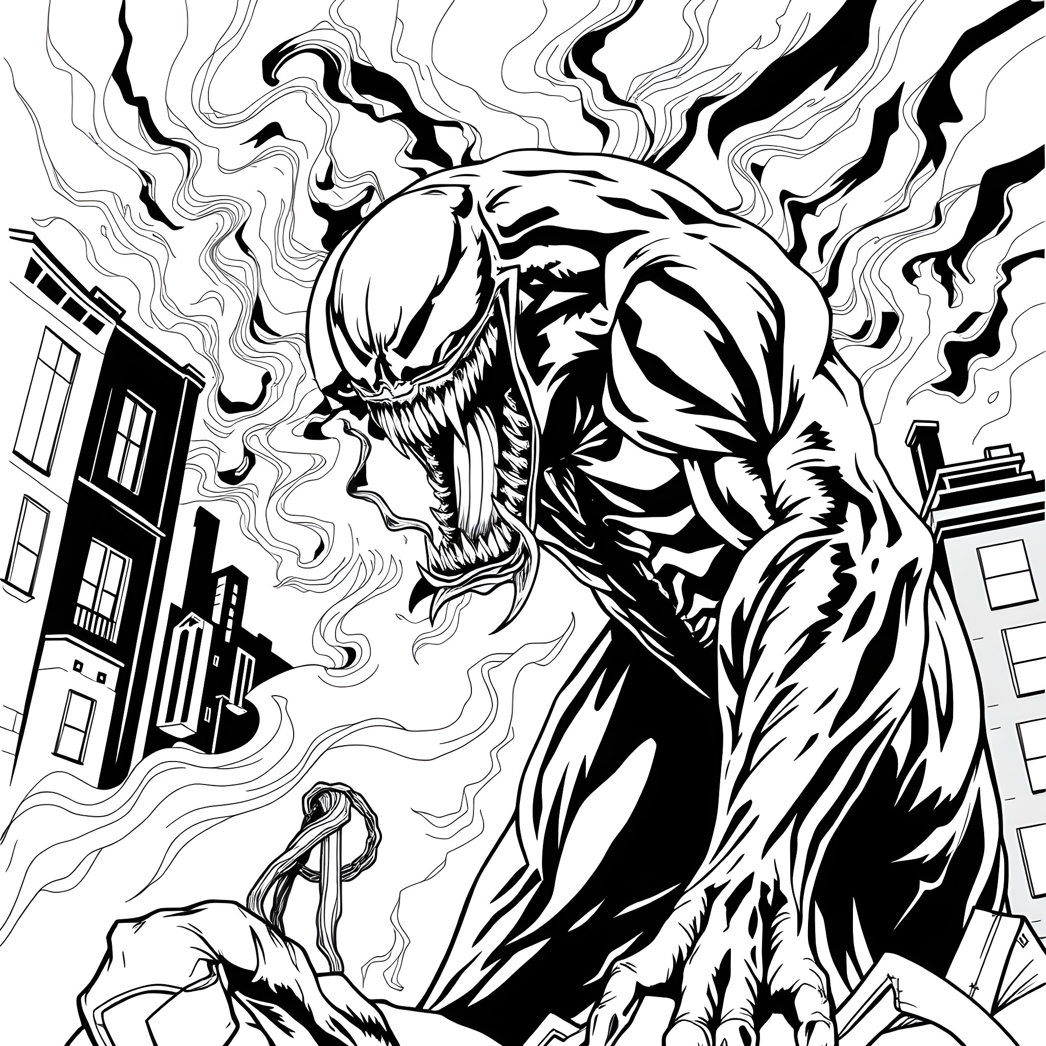 Venom's Menacing Rampage in the City Coloring Page (free black-and-white line drawing printable PDF for all, from beginners to advanced learners, including children, teens, adults, and seniors)