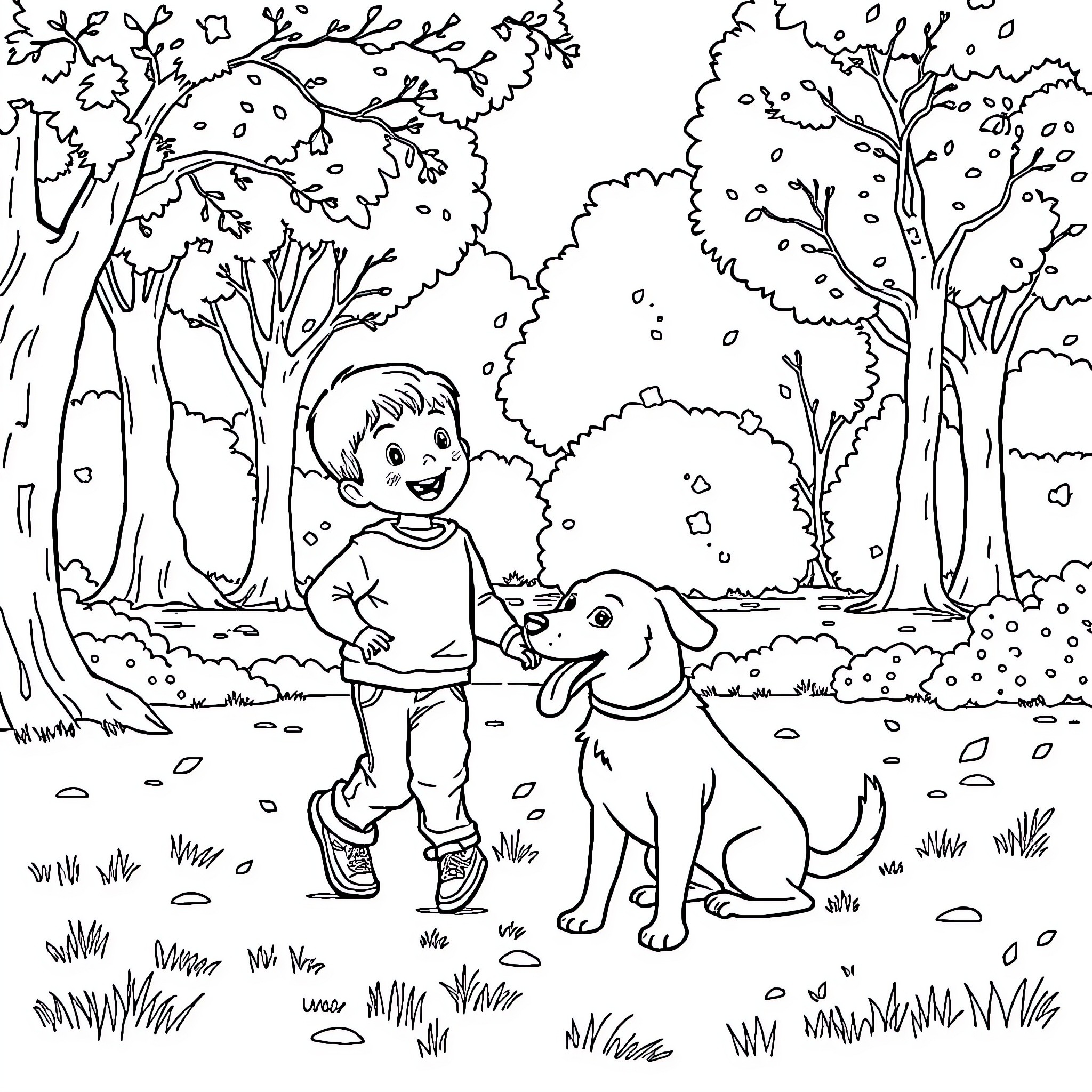 Child playing with dog in the forest Coloring Page (free black-and-white line drawing printable PDF for all, from beginners to advanced learners, including children, teens, adults, and seniors)