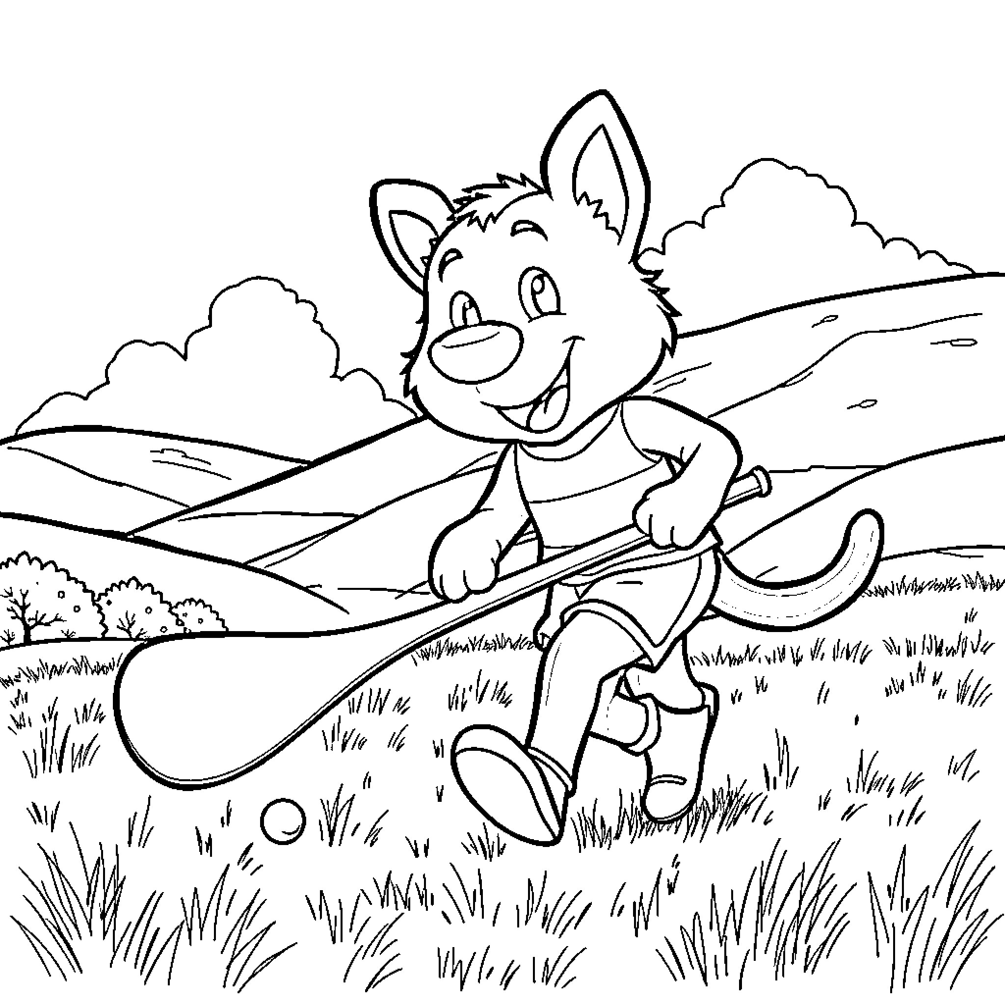 Bluey playing happily in the countryside Coloring Page (free black-and-white line drawing printable PDF for all, from beginners to advanced learners, including children, teens, adults, and seniors)