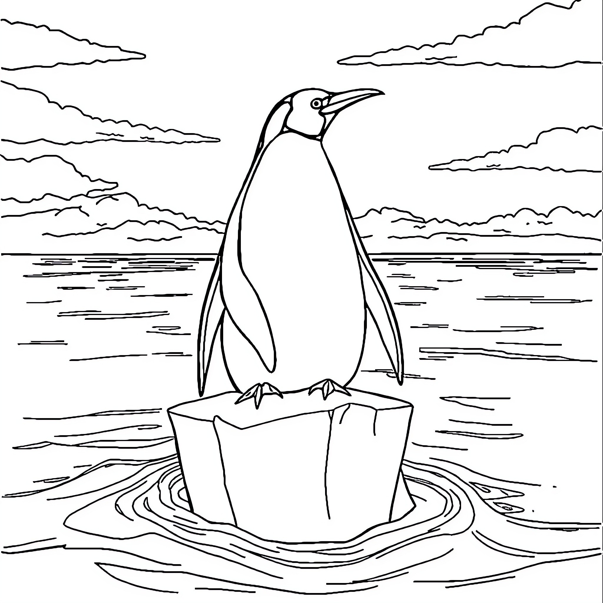 Penguin standing on ice floe in arctic landscape Coloring Page (free black-and-white line drawing printable PDF for all, from beginners to advanced learners, including children, teens, adults, and seniors)