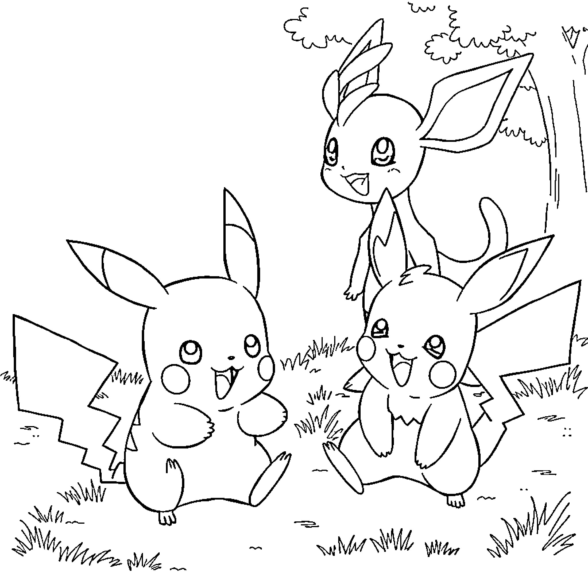 Pikachu and friends playing in the field Coloring Page (free black-and-white line drawing printable PDF for all, from beginners to advanced learners, including children, teens, adults, and seniors)