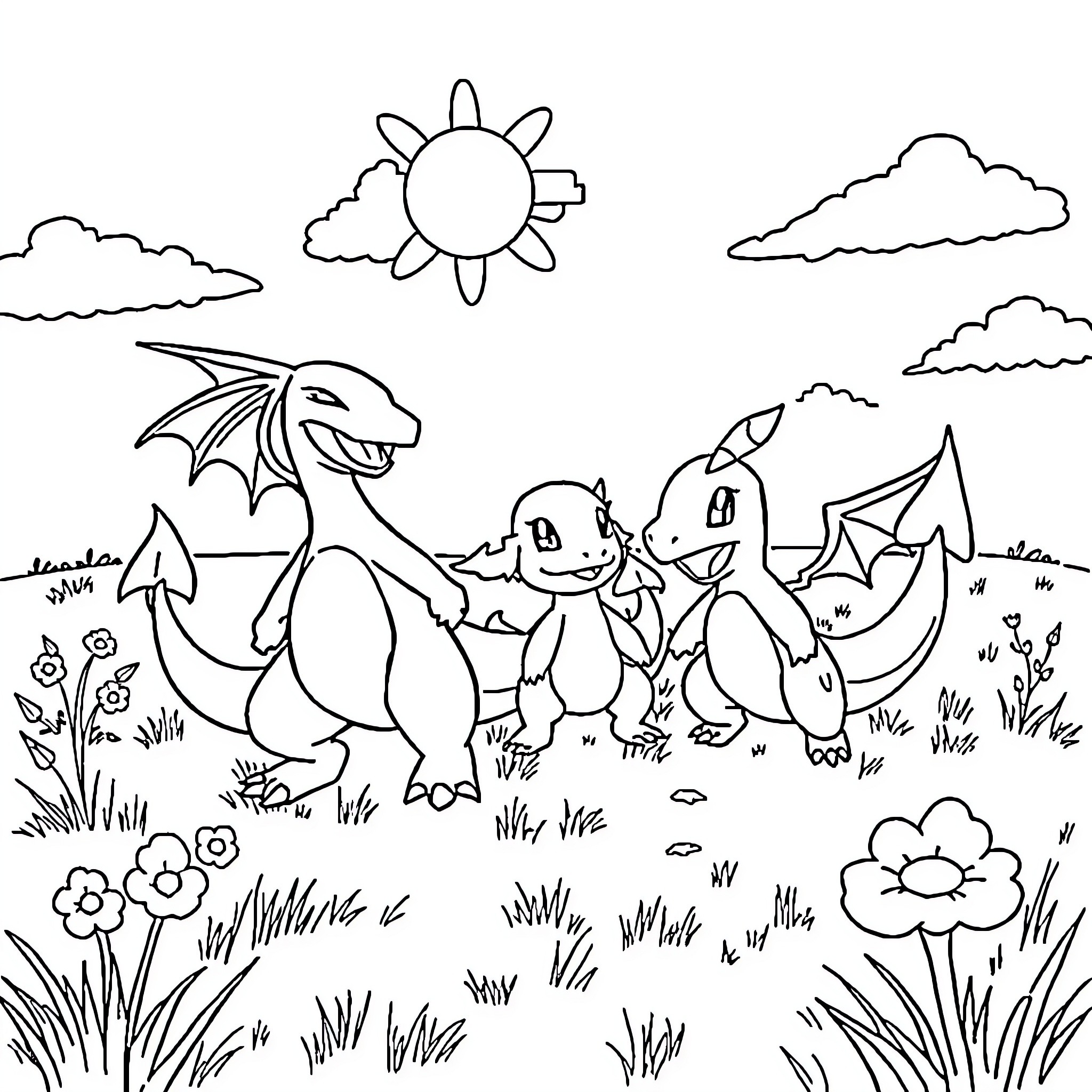 Charmander and friends exploring the nature Coloring Page (free black-and-white line drawing printable PDF for all, from beginners to advanced learners, including children, teens, adults, and seniors)