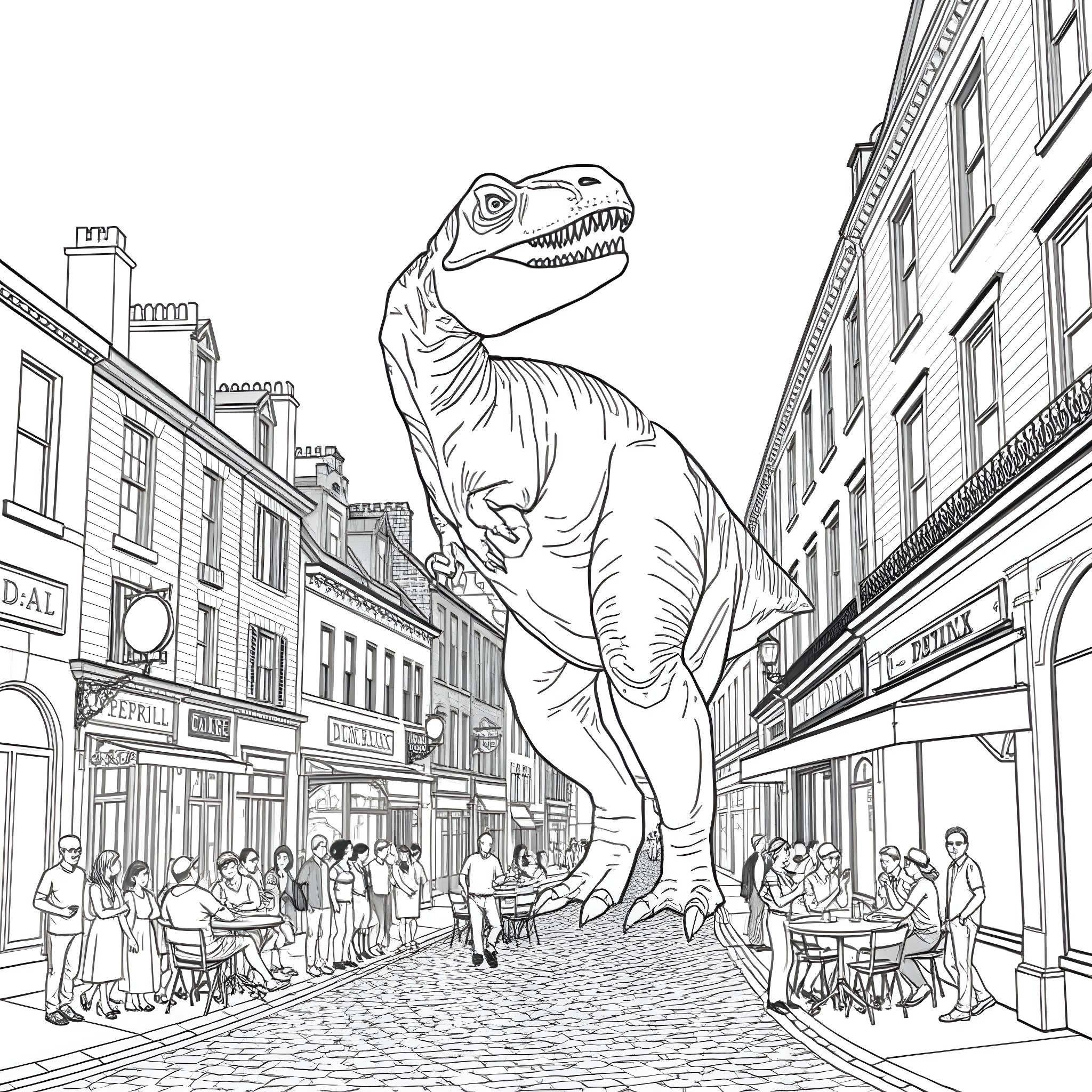 Dinosaur Roams Through City Streets Coloring Page (free black-and-white line drawing printable PDF for all, from beginners to advanced learners, including children, teens, adults, and seniors)