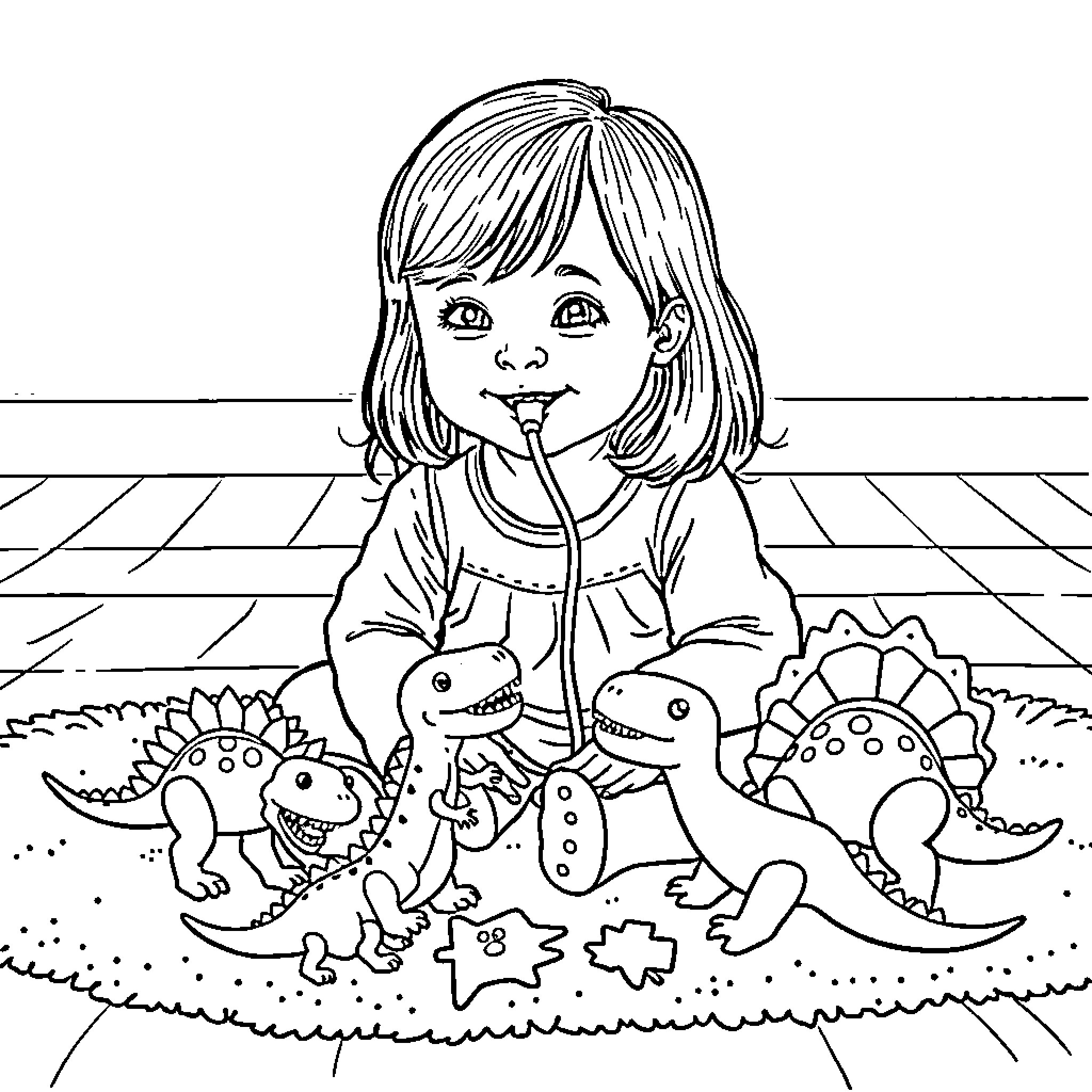 Girl playing with dinosaur toys in the field Coloring Page (free black-and-white line drawing printable PDF for all, from beginners to advanced learners, including children, teens, adults, and seniors)