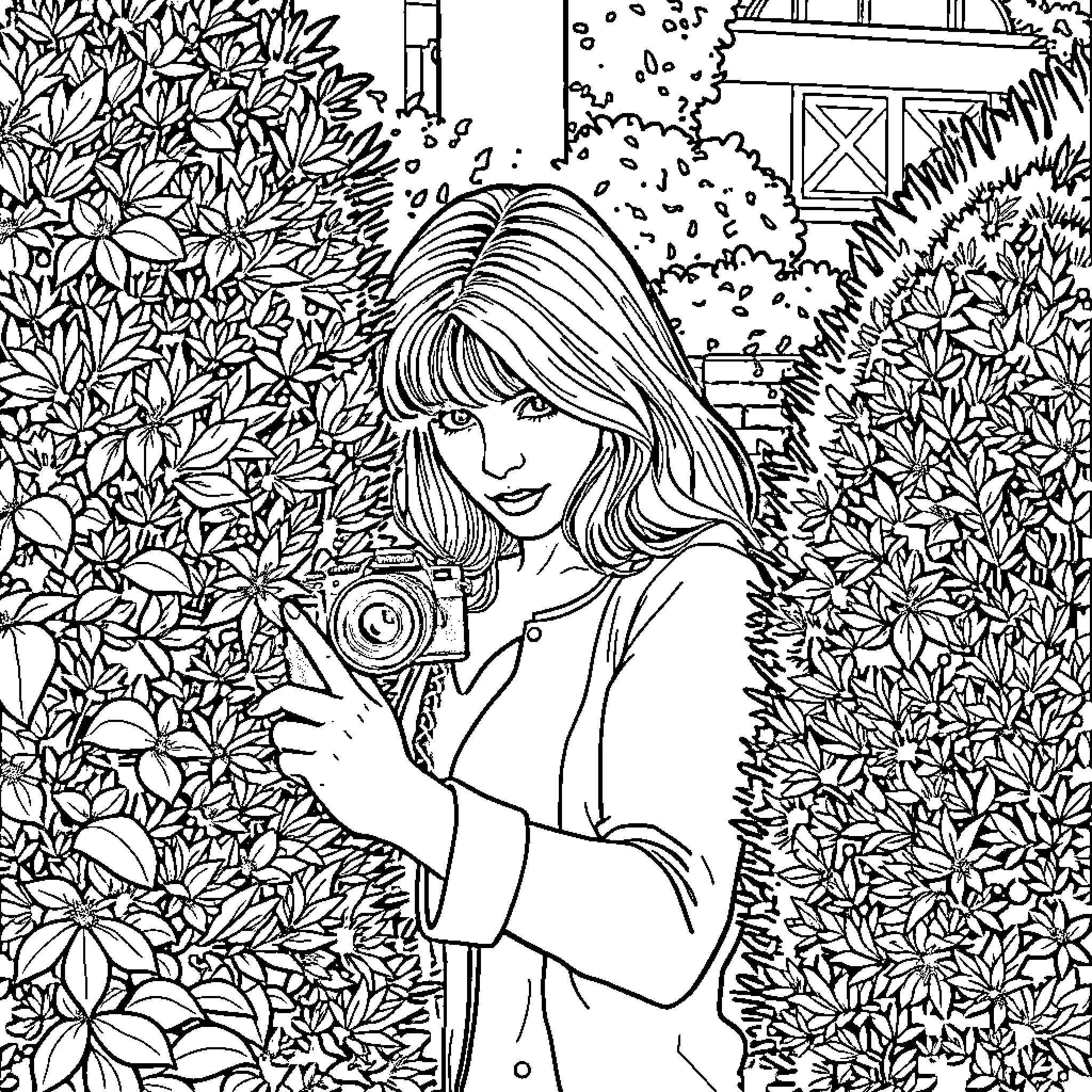 Veronica Mars captured in an intimate moment with her camera Coloring Page (free black-and-white line drawing printable PDF for all, from beginners to advanced learners, including children, teens, adults, and seniors)