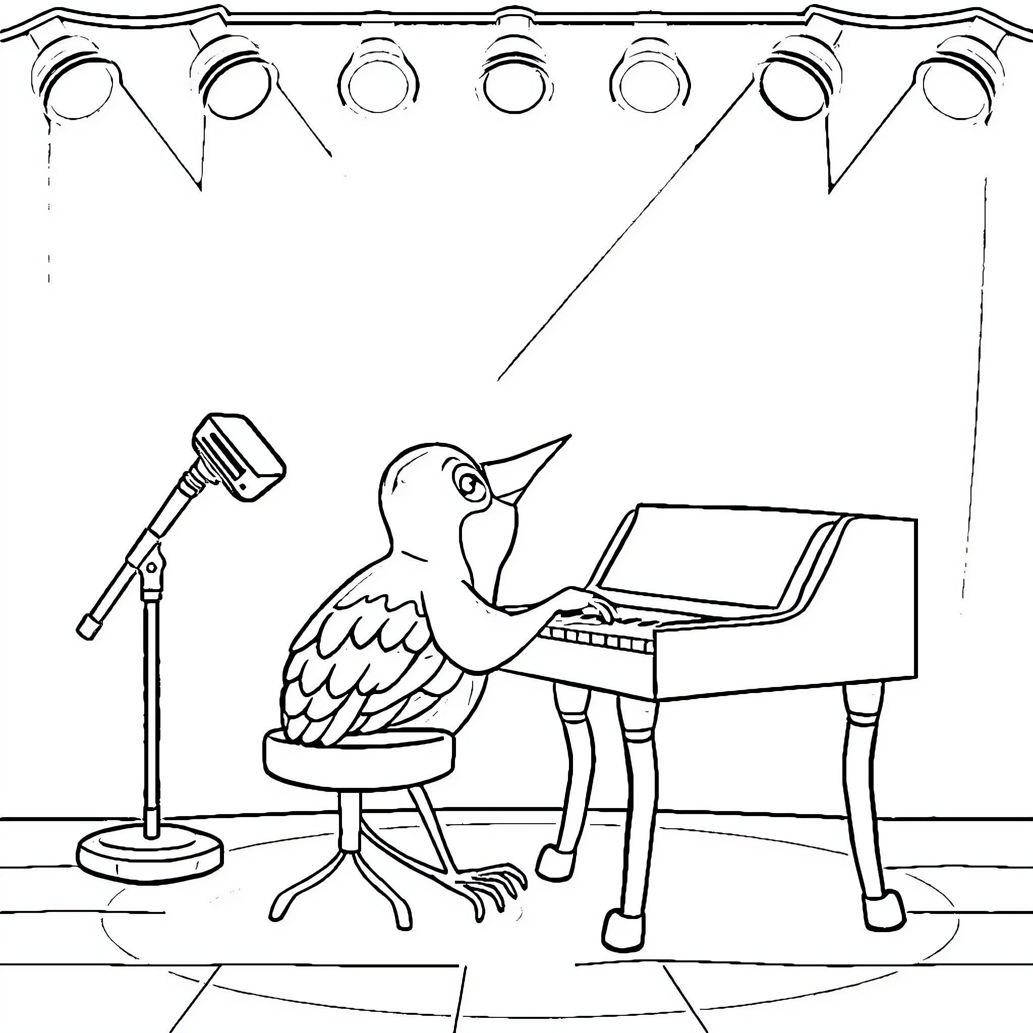 Mockingbird performing on stage with piano Coloring Page (free black-and-white line drawing printable PDF for all, from beginners to advanced learners, including children, teens, adults, and seniors)