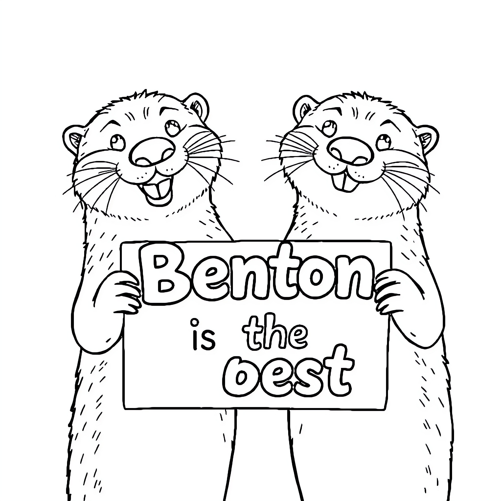 Otters holding a sign saying 'Benton is the best' Coloring Page (free black-and-white line drawing printable PDF for all, from beginners to advanced learners, including children, teens, adults, and seniors)