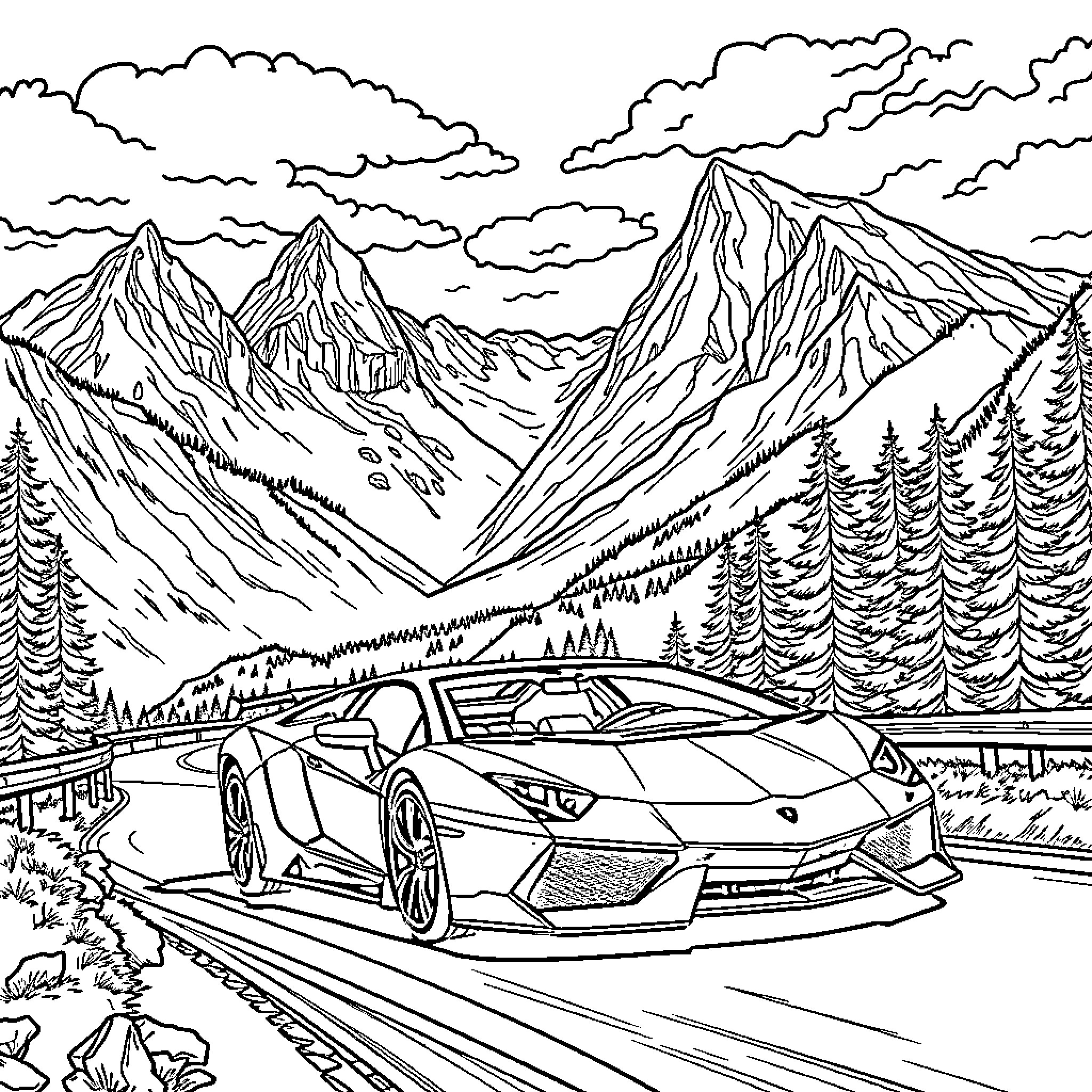 Lamborghini supercar speeding through scenic mountain road Coloring Page (free black-and-white line drawing printable PDF for all, from beginners to advanced learners, including children, teens, adults, and seniors)