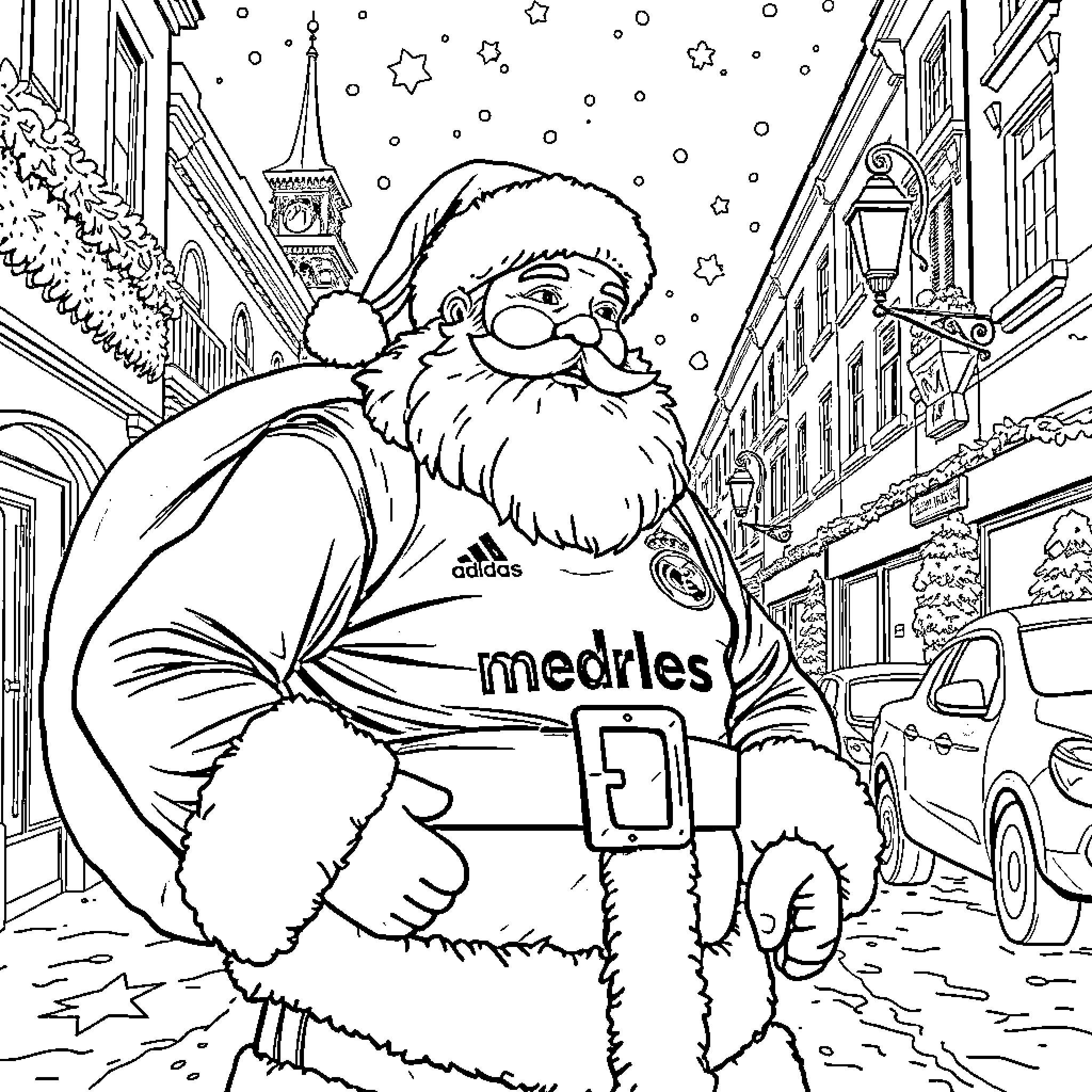 Santa Claus strolling through a festive city street Coloring Page (free black-and-white line drawing printable PDF for all, from beginners to advanced learners, including children, teens, adults, and seniors)