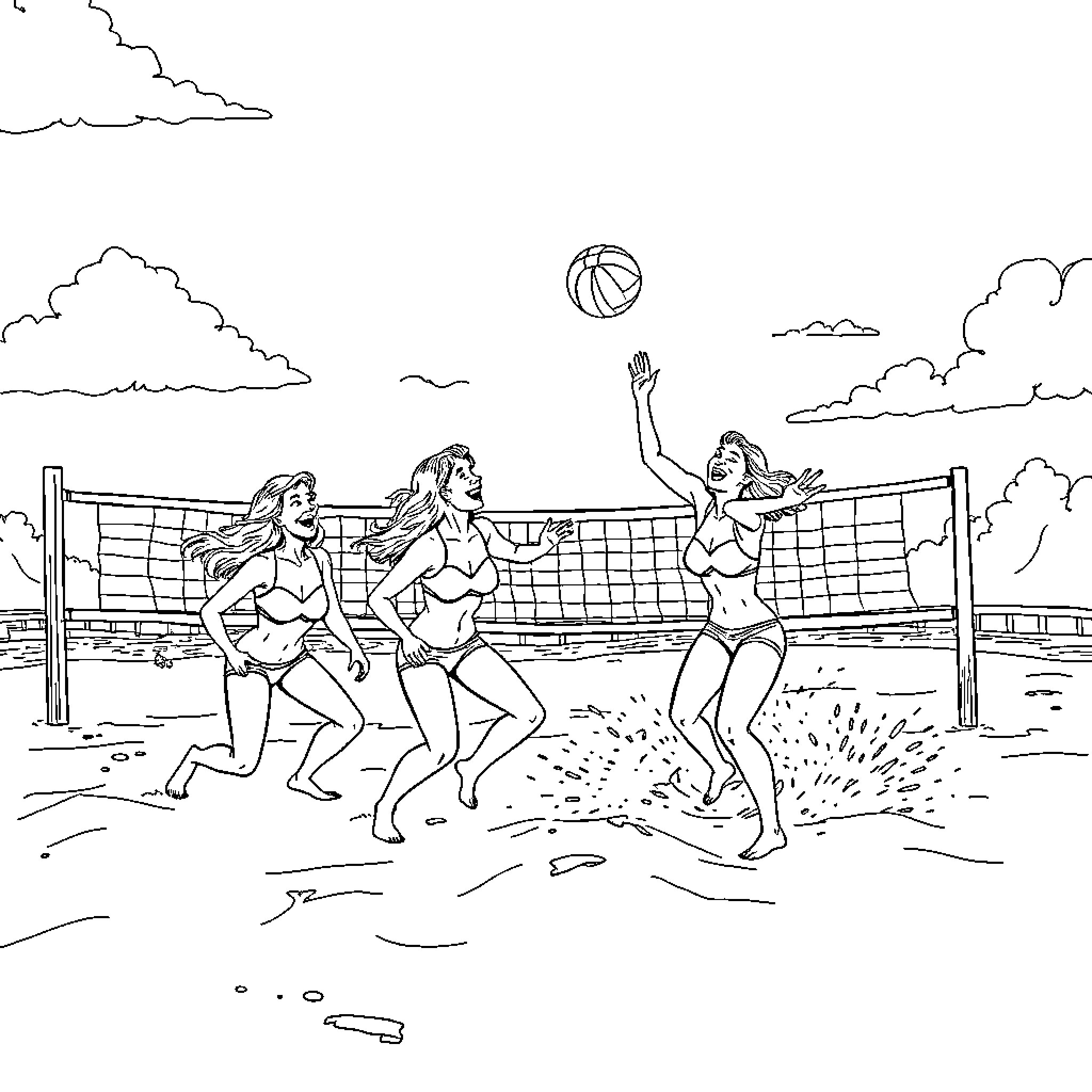 Team Boron playing beach volleyball in the sun Coloring Page (free black-and-white line drawing printable PDF for all, from beginners to advanced learners, including children, teens, adults, and seniors)