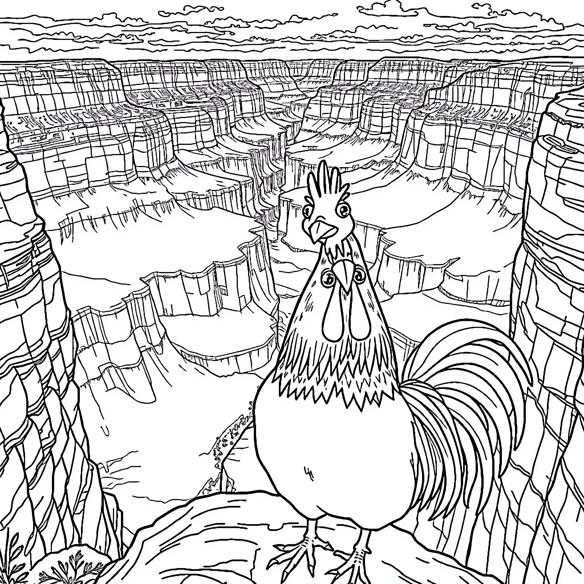 Hen on the edge of a rugged canyon Coloring Page (free black-and-white line drawing printable PDF for all, from beginners to advanced learners, including children, teens, adults, and seniors)
