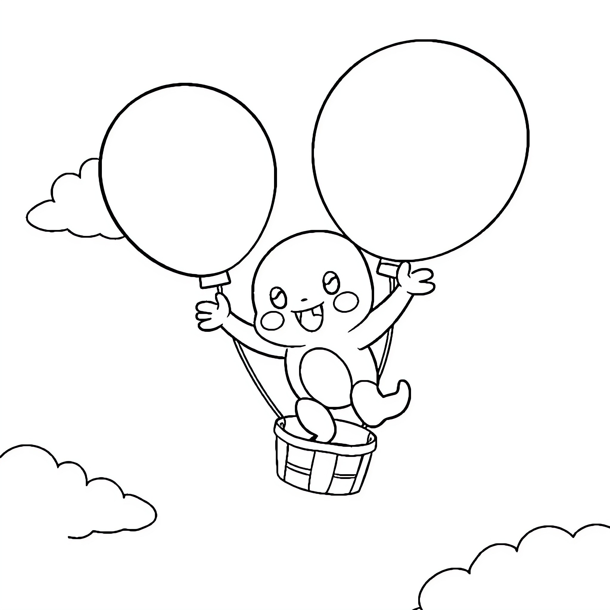Bluey floating in a hot air balloon Coloring Page (free black-and-white line drawing printable PDF for all, from beginners to advanced learners, including children, teens, adults, and seniors)