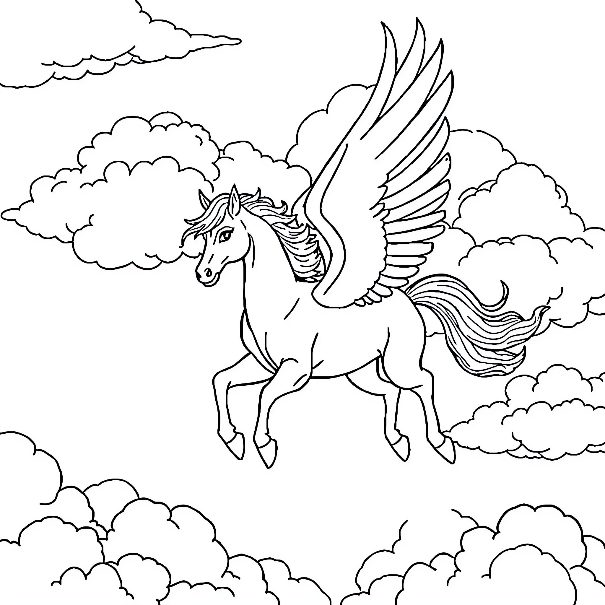 Pegasus soaring through the magical clouds Coloring Page (free black-and-white line drawing printable PDF for all, from beginners to advanced learners, including children, teens, adults, and seniors)