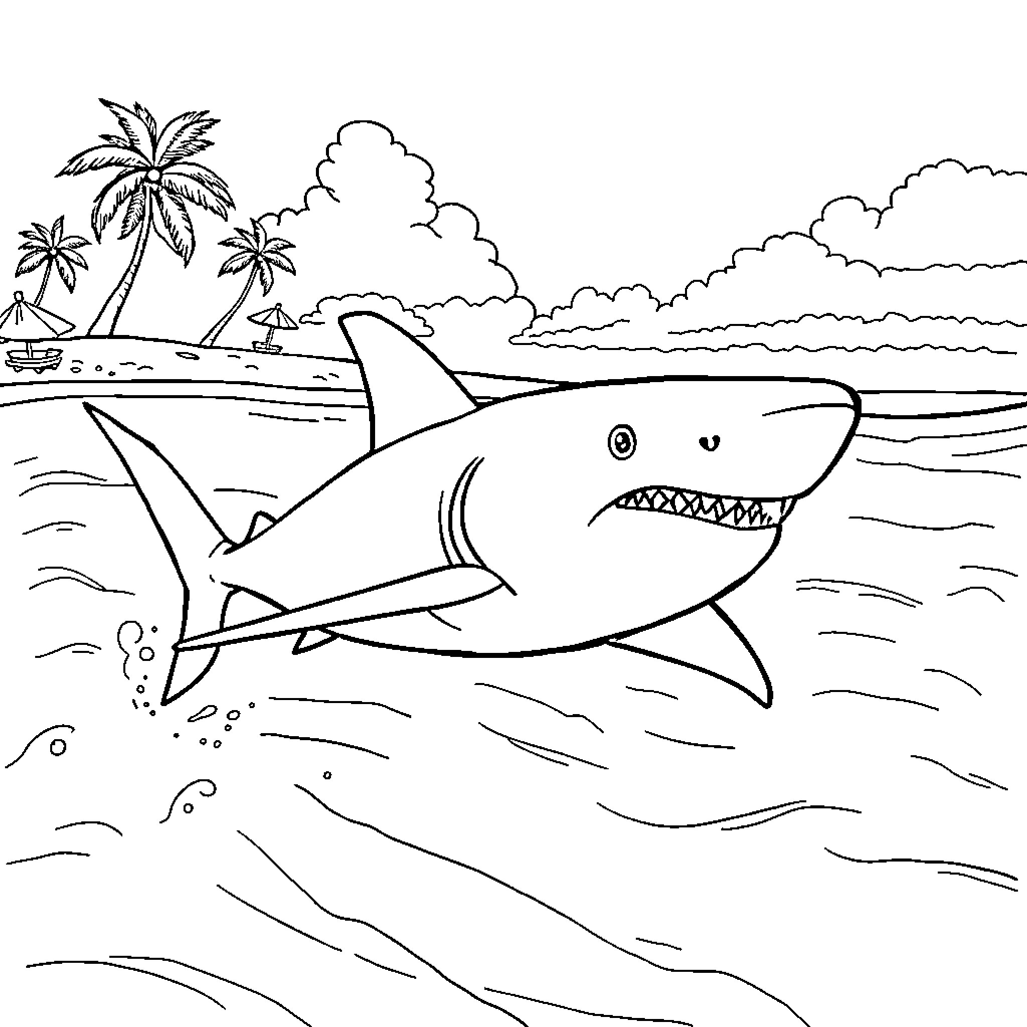Shark hunting near tropical island Coloring Page (free black-and-white line drawing printable PDF for all, from beginners to advanced learners, including children, teens, adults, and seniors)