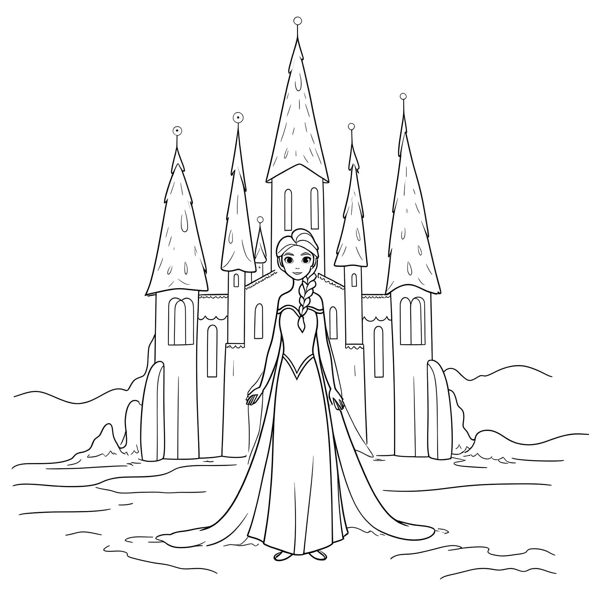 Elsa standing in front of a magical castle Coloring Page (free black-and-white line drawing printable PDF for all, from beginners to advanced learners, including children, teens, adults, and seniors)