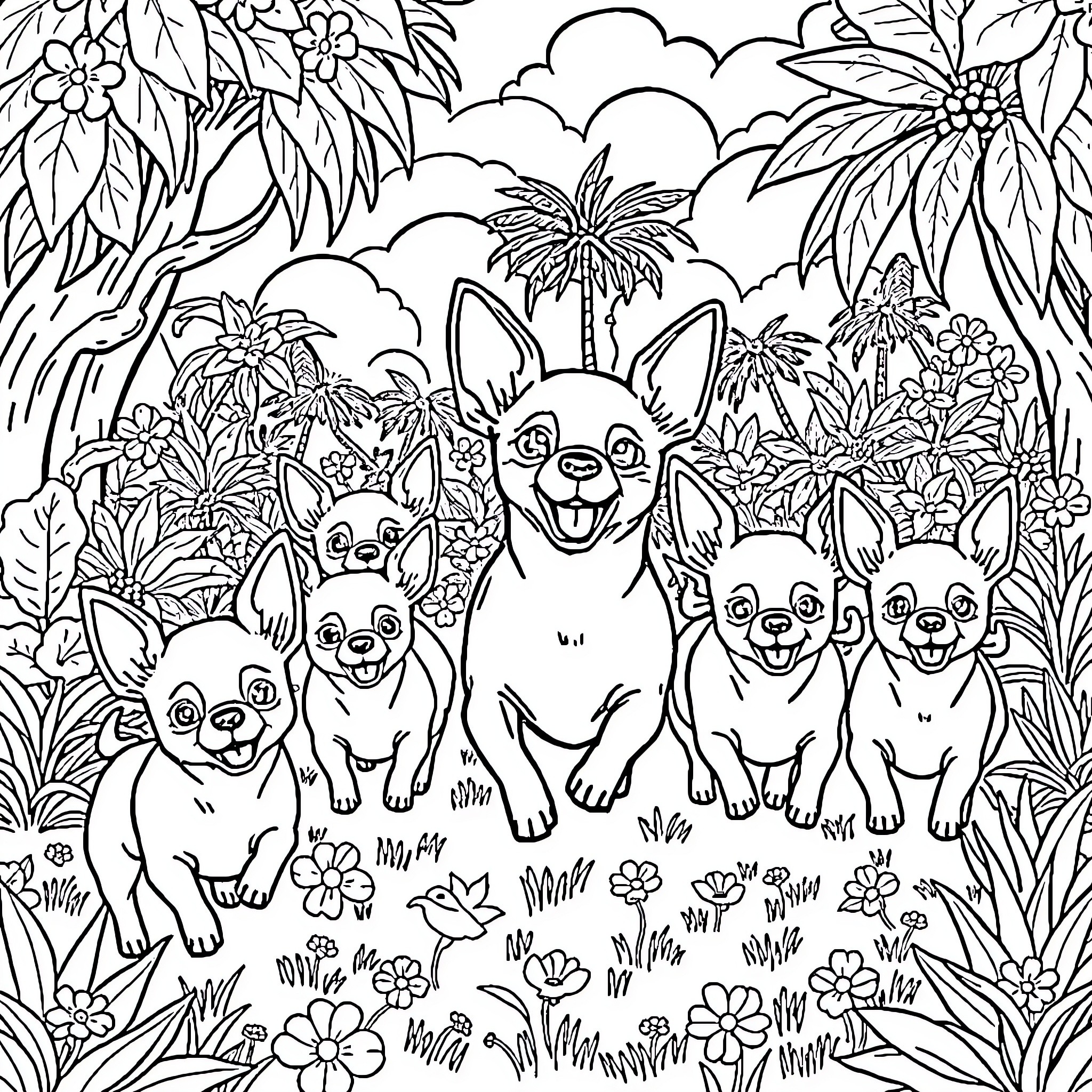 Chihuahua puppies playing in a lush, tropical garden Coloring Page (free black-and-white line drawing printable PDF for all, from beginners to advanced learners, including children, teens, adults, and seniors)