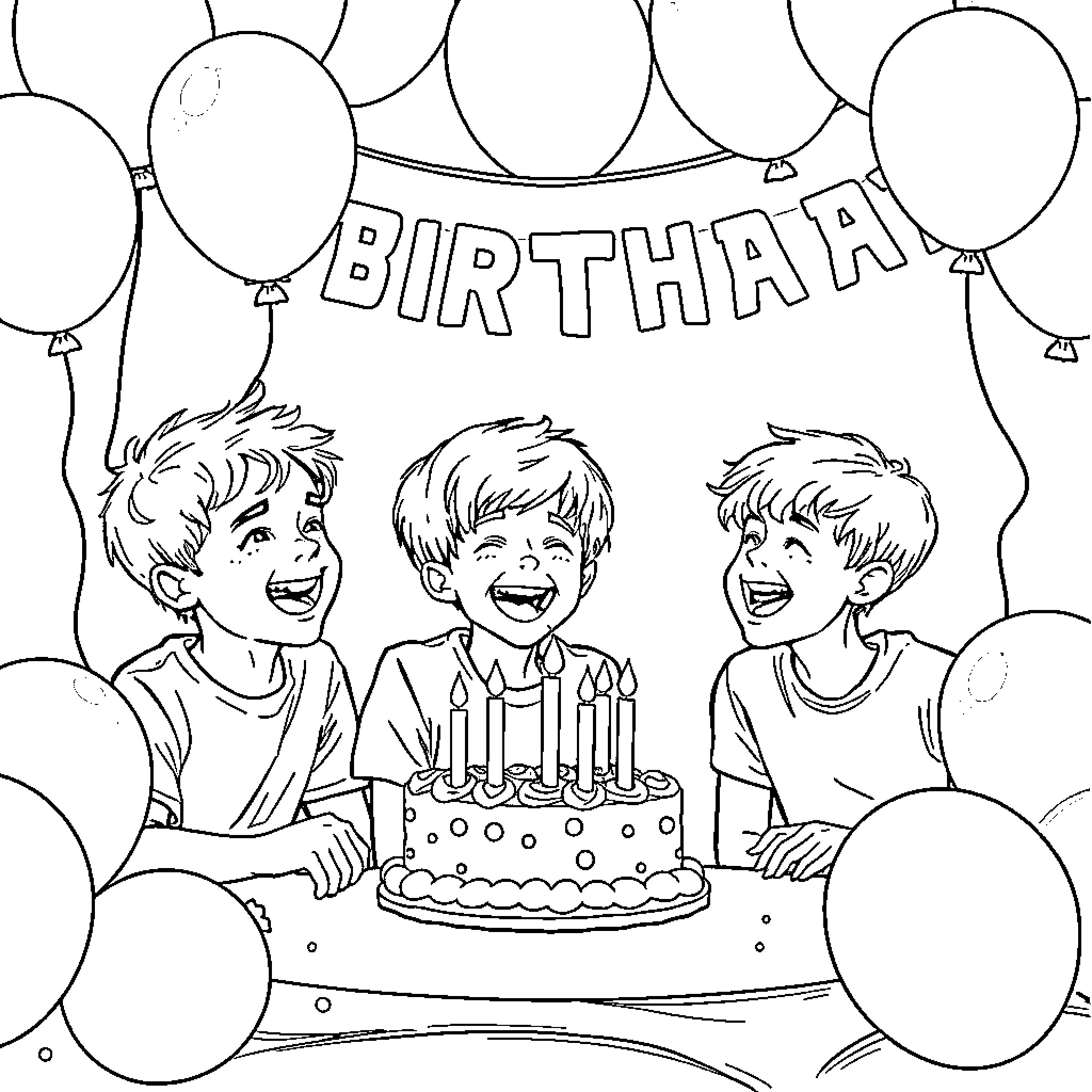 Boy's birthday celebration with friends and cake Coloring Page (free black-and-white line drawing printable PDF for all, from beginners to advanced learners, including children, teens, adults, and seniors)