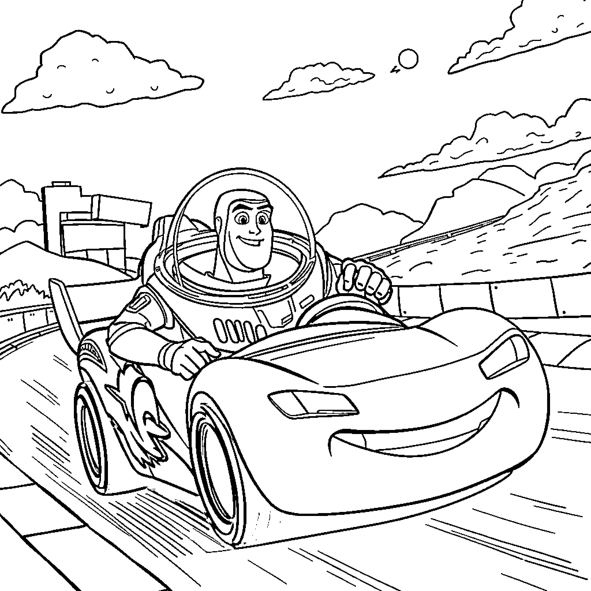 Buzz Lightyear driving futuristic car in sci-fi setting Coloring Page (free black-and-white line drawing printable PDF for all, from beginners to advanced learners, including children, teens, adults, and seniors)