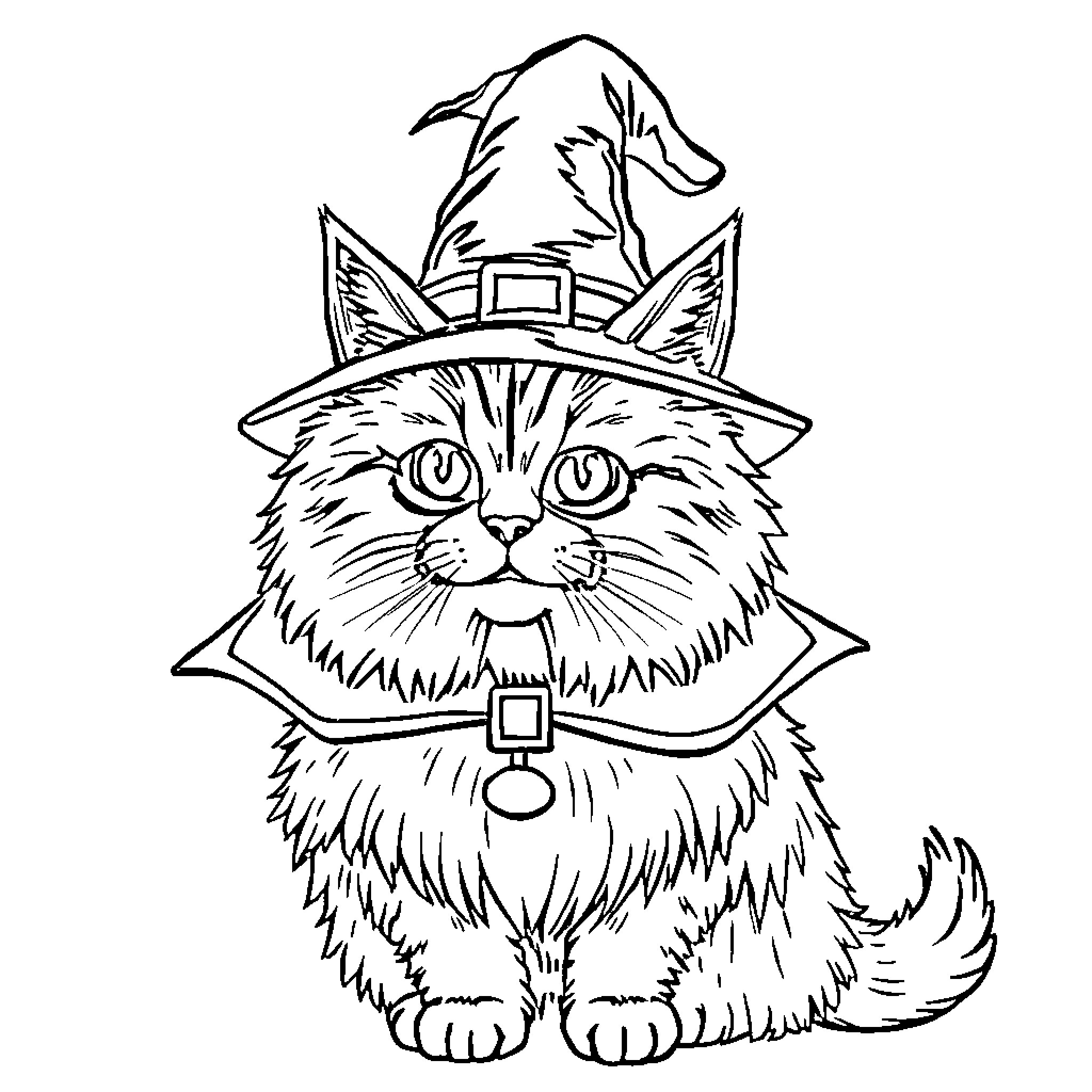 Maine Coon Cat Wearing Witch Hat Coloring Page (free black-and-white line drawing printable PDF for all, from beginners to advanced learners, including children, teens, adults, and seniors)