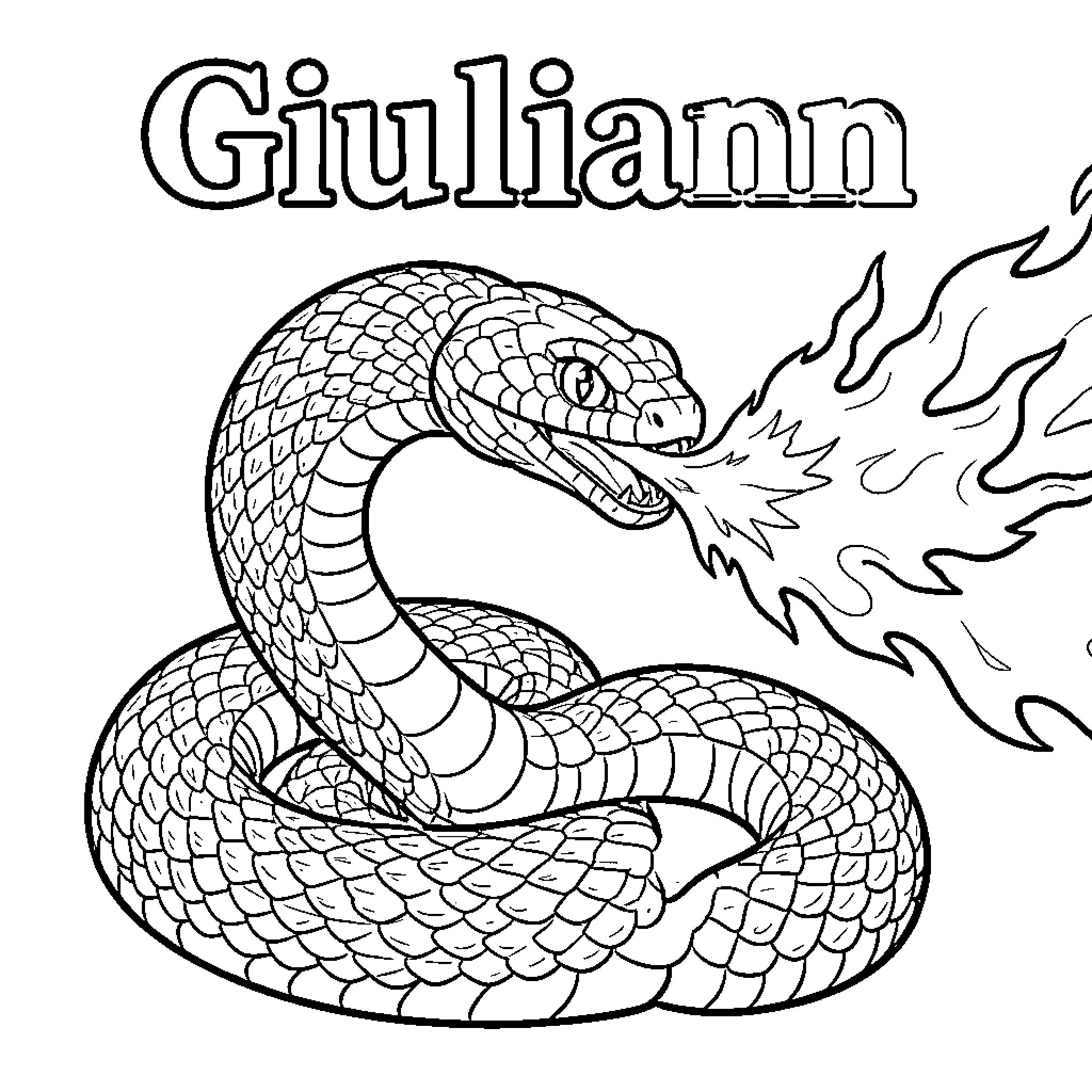 Serpent breathing intense flames from its open mouth Coloring Page (free black-and-white line drawing printable PDF for all, from beginners to advanced learners, including children, teens, adults, and seniors)