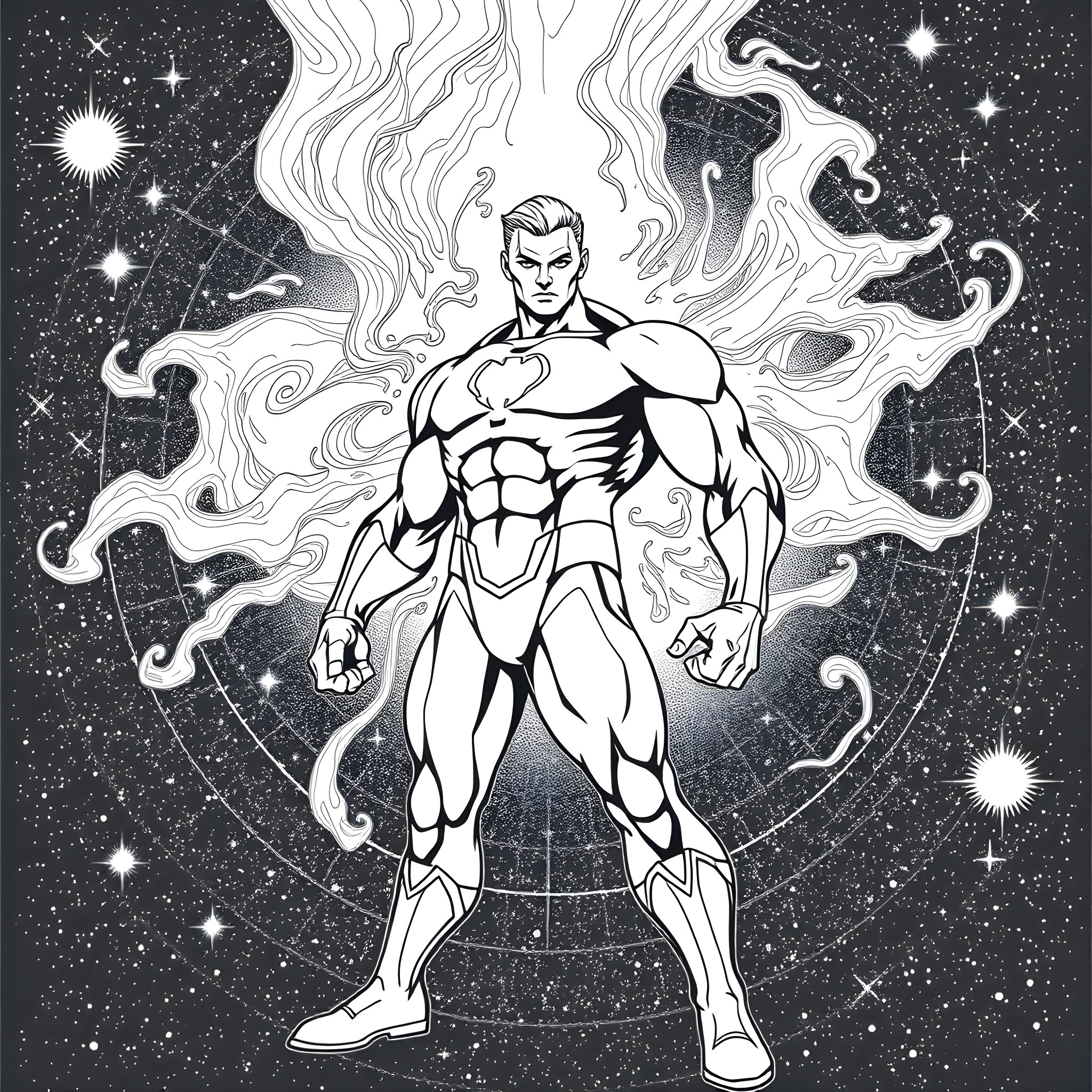 Invincible Man Unleashing Cosmic Powers in the Starry Void Coloring Page (free black-and-white line drawing printable PDF for all, from beginners to advanced learners, including children, teens, adults, and seniors)