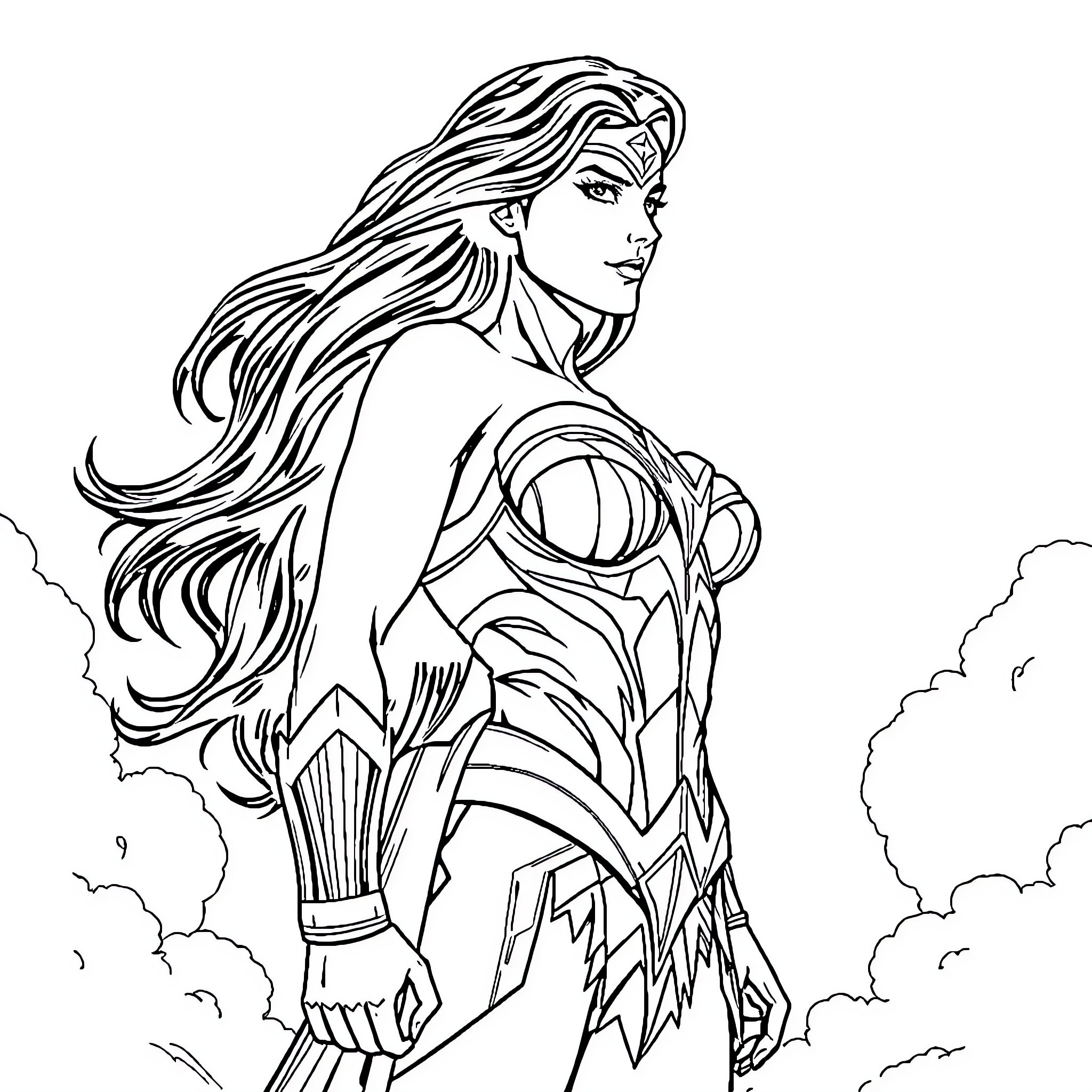 Wonder Woman in action with heroic pose Coloring Page (free black-and-white line drawing printable PDF for all, from beginners to advanced learners, including children, teens, adults, and seniors)