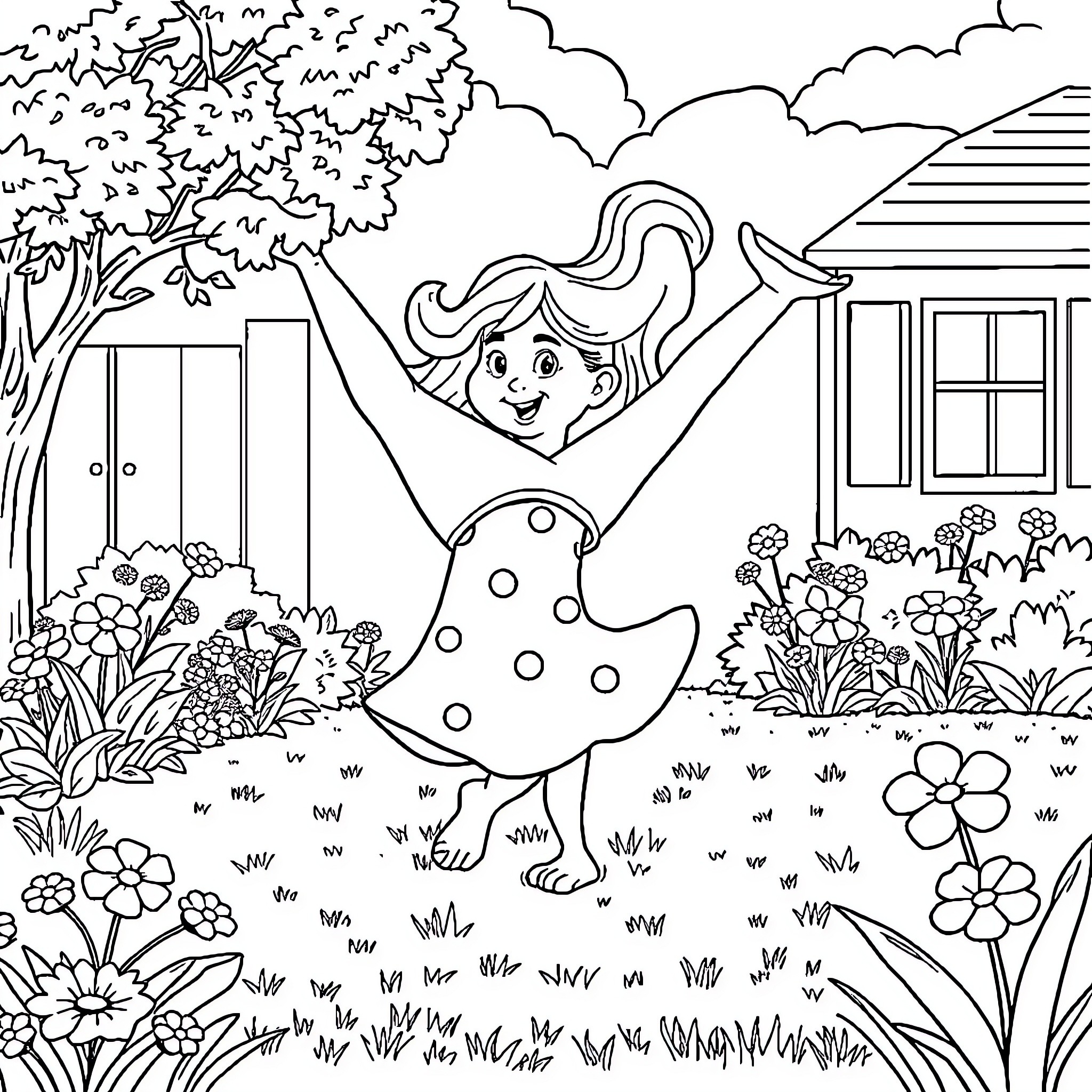 DW Playful Girl in Flower Garden Coloring Page (free black-and-white line drawing printable PDF for all, from beginners to advanced learners, including children, teens, adults, and seniors)