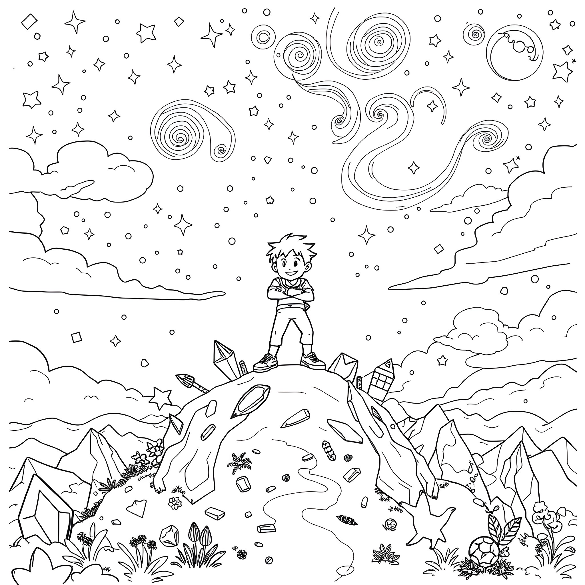 Steven Universe exploring a magical landscape Coloring Page (free black-and-white line drawing printable PDF for all, from beginners to advanced learners, including children, teens, adults, and seniors)