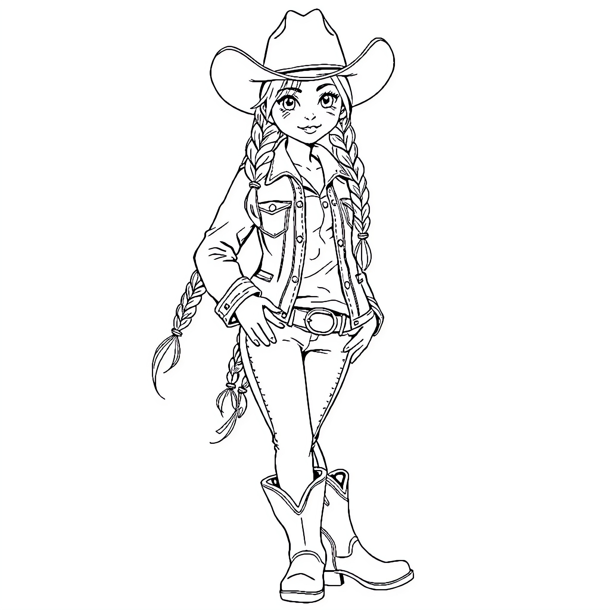 Cowgirl with braids and western attire Coloring Page (free black-and-white line drawing printable PDF for all, from beginners to advanced learners, including children, teens, adults, and seniors)