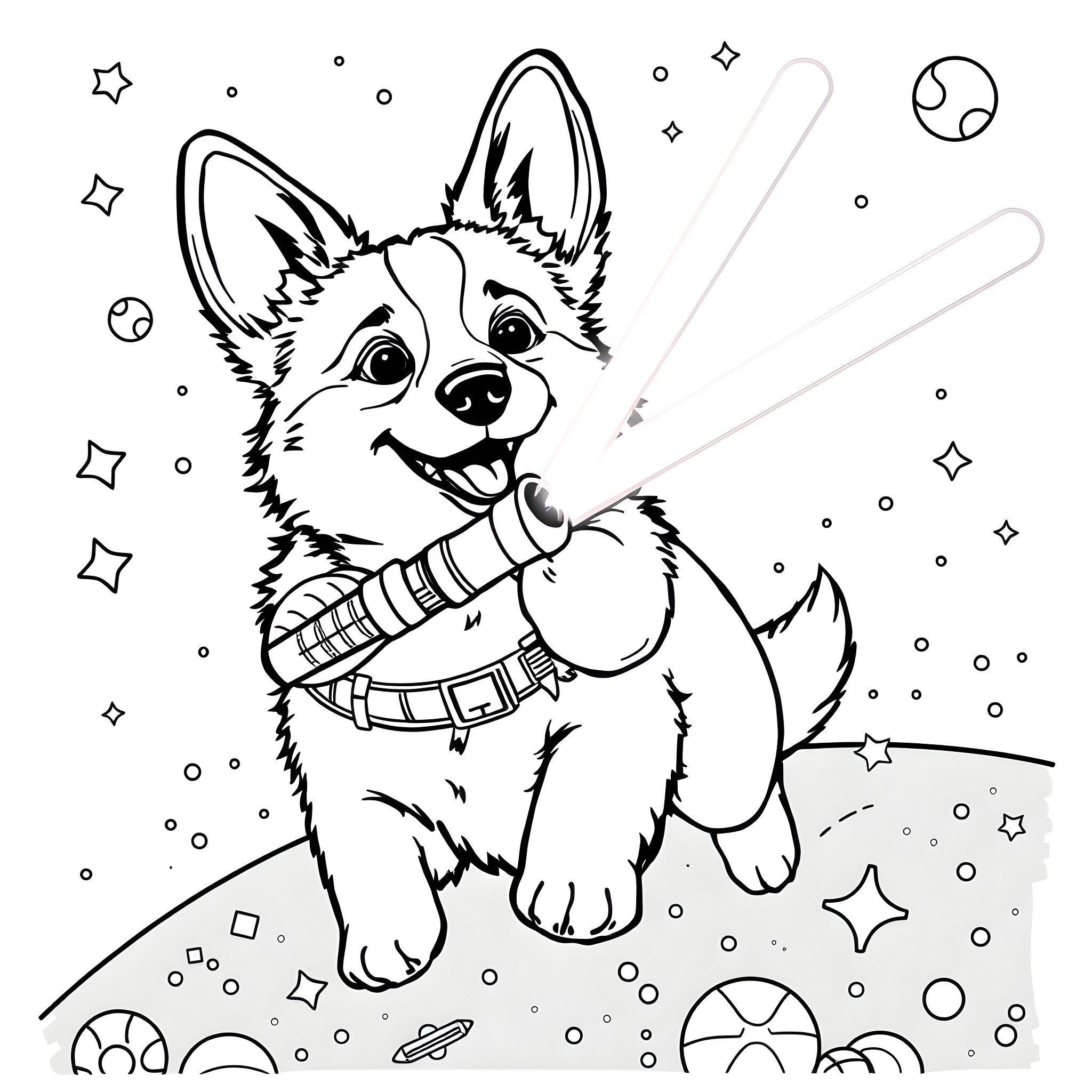 Corgi playing joyfully in the cosmos Coloring Page (free black-and-white line drawing printable PDF for all, from beginners to advanced learners, including children, teens, adults, and seniors)