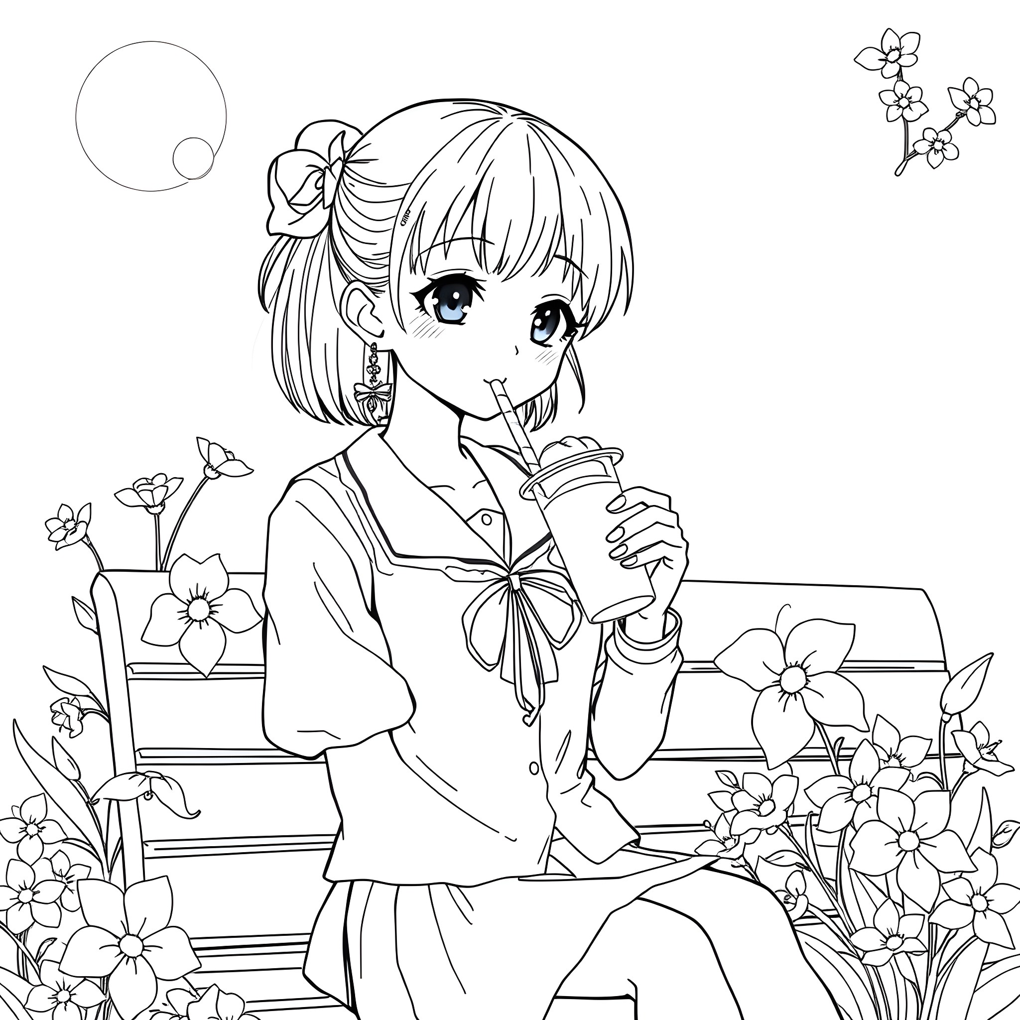 Girl in kimono sitting on steps surrounded by flowers Coloring Page (free black-and-white line drawing printable PDF for all, from beginners to advanced learners, including children, teens, adults, and seniors)