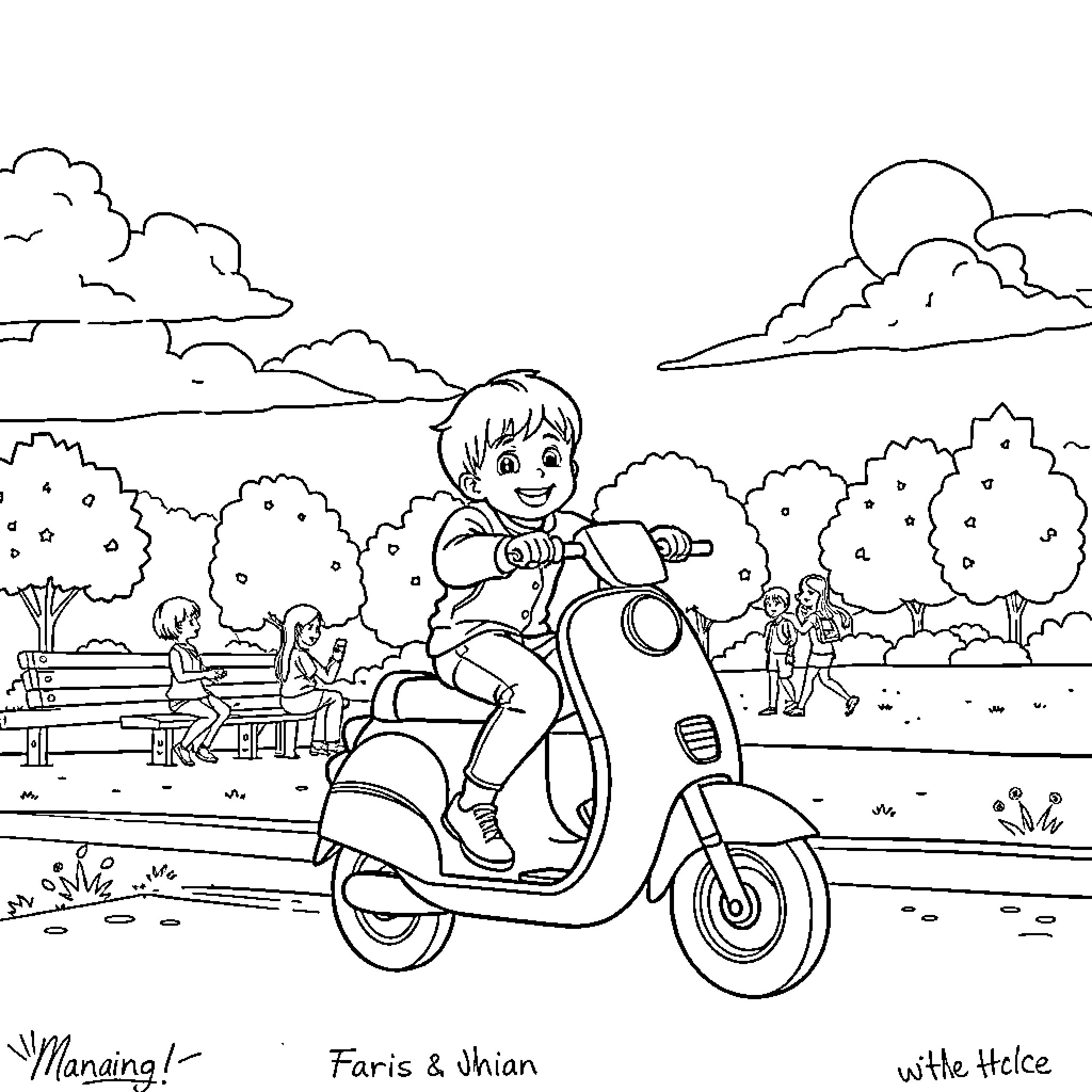 Toddler riding a scooter in a park Coloring Page (free black-and-white line drawing printable PDF for all, from beginners to advanced learners, including children, teens, adults, and seniors)
