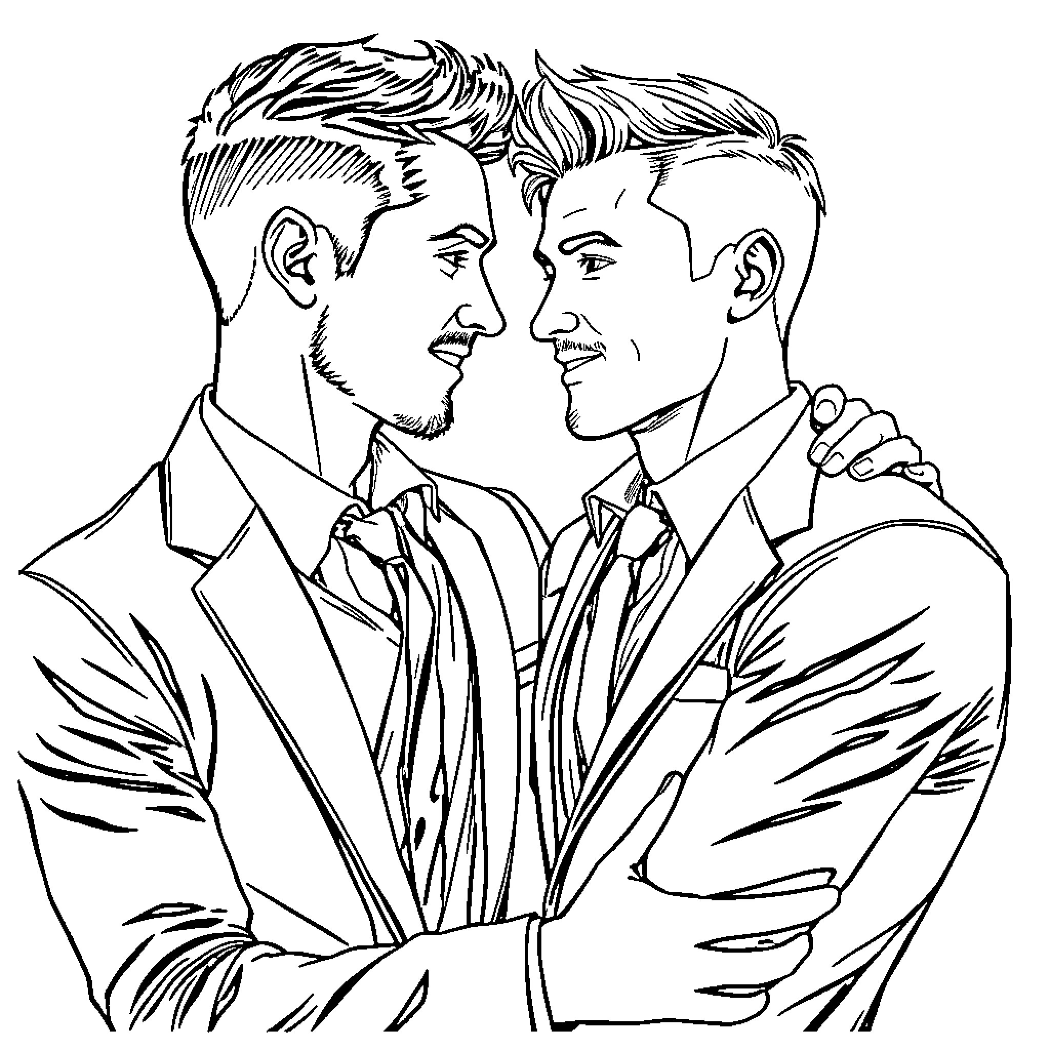 Man in Formal Attire Embracing Another Man Coloring Page (free black-and-white line drawing printable PDF for all, from beginners to advanced learners, including children, teens, adults, and seniors)