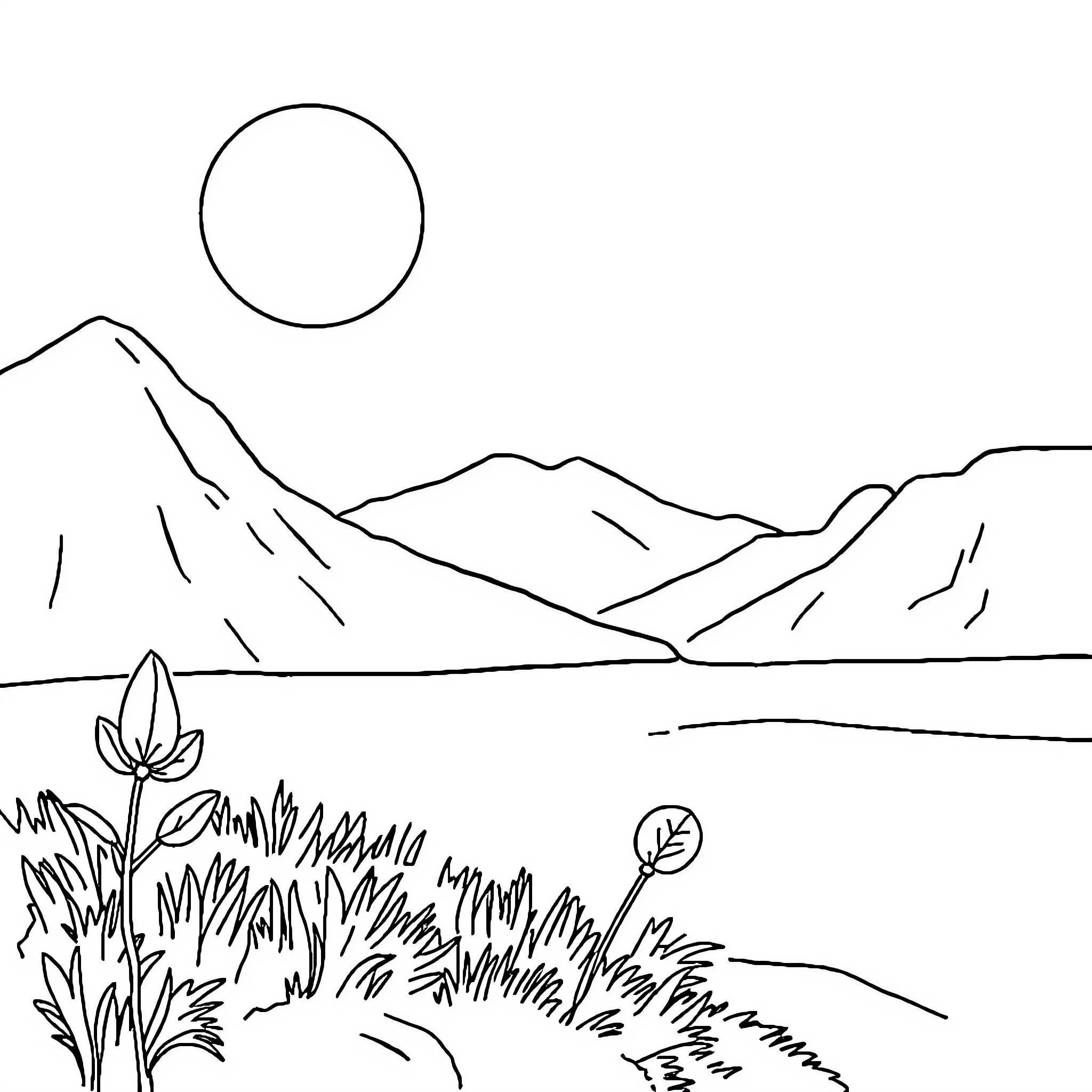 Famous Paintings of Serene Landscape with Mountains Coloring Page (free black-and-white line drawing printable PDF for all, from beginners to advanced learners, including children, teens, adults, and seniors)