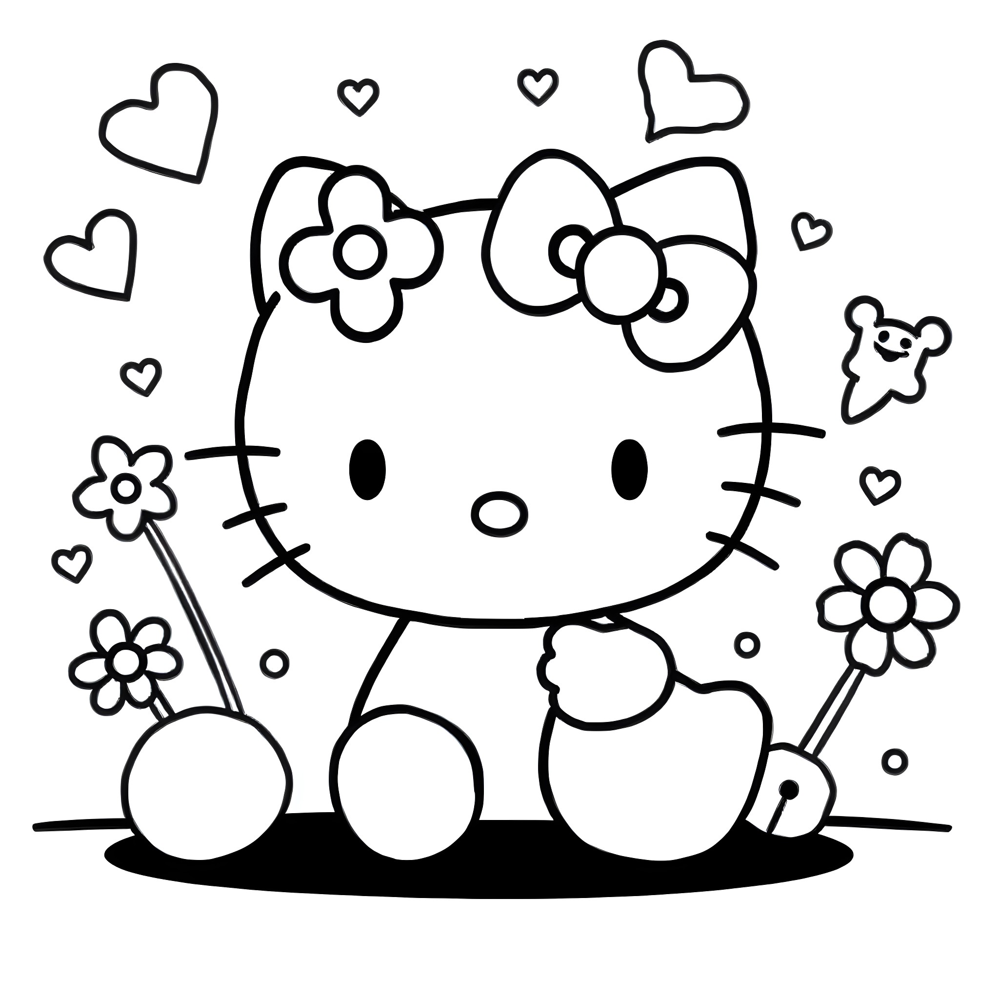 Hello Kitty surrounded by hearts and flowers Coloring Page (free black-and-white line drawing printable PDF for all, from beginners to advanced learners, including children, teens, adults, and seniors)