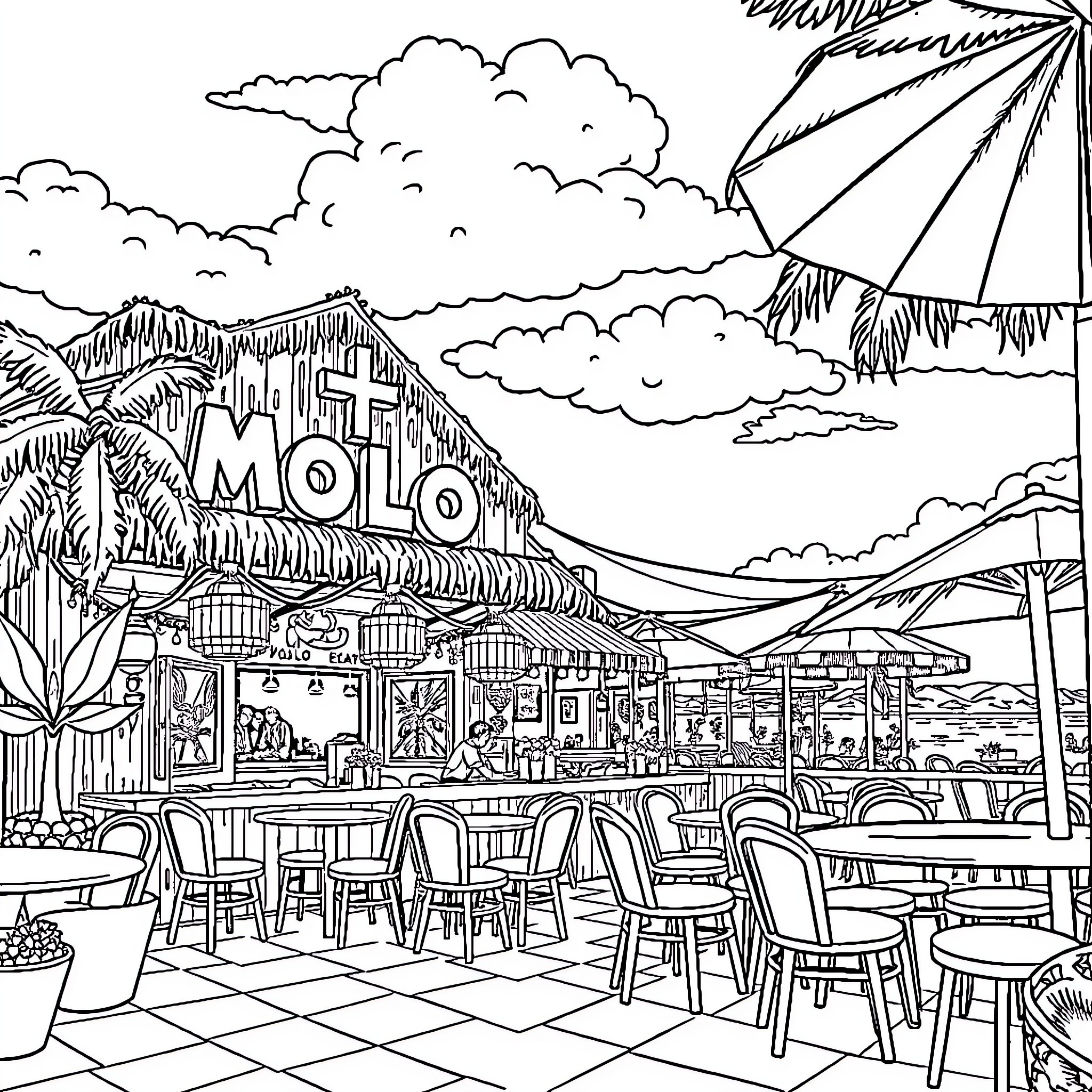 Molo Mucho: Vibrant Tropical Dining Scene Coloring Page (free black-and-white line drawing printable PDF for all, from beginners to advanced learners, including children, teens, adults, and seniors)