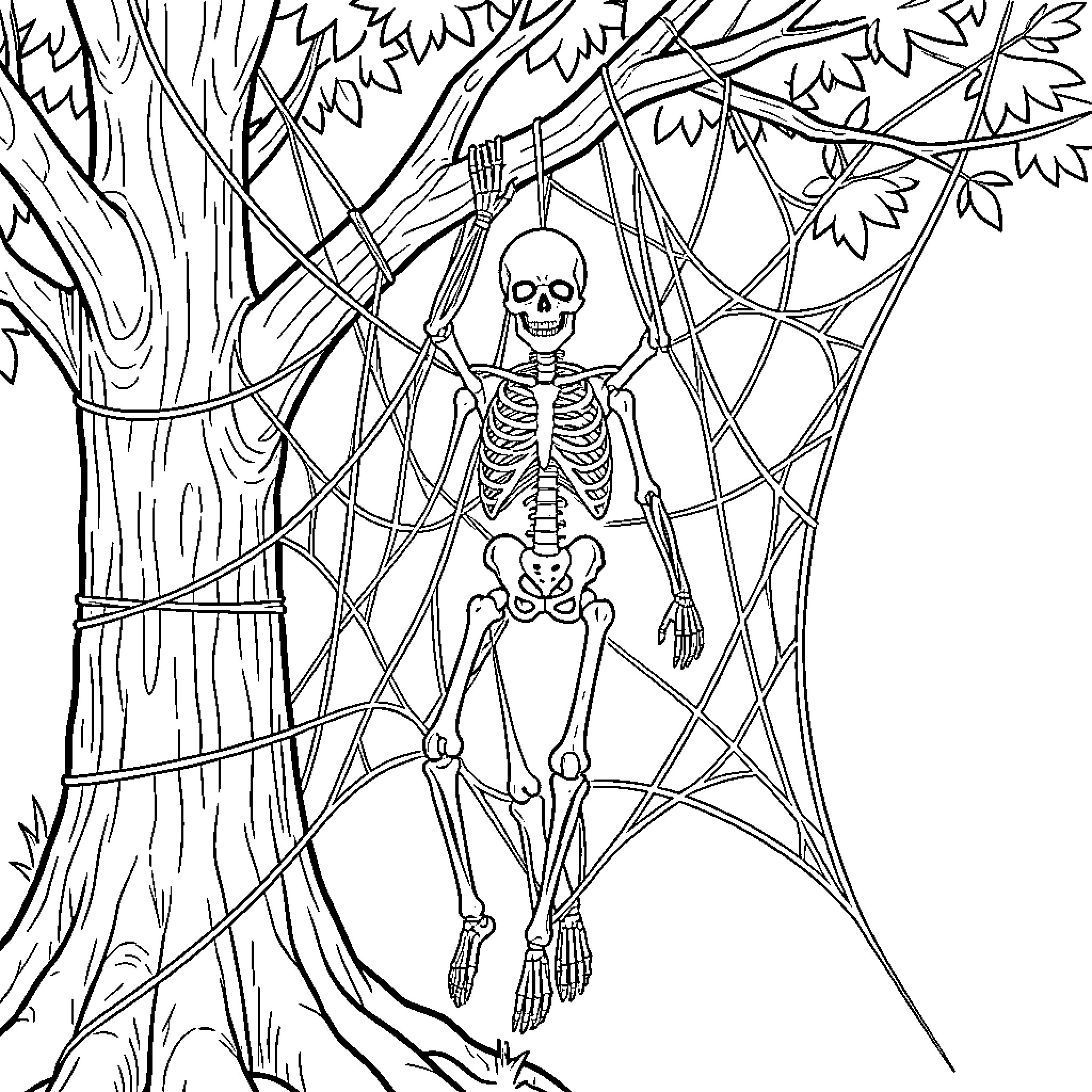 Skeleton trapped in a large spider web Coloring Page (free black-and-white line drawing printable PDF for all, from beginners to advanced learners, including children, teens, adults, and seniors)