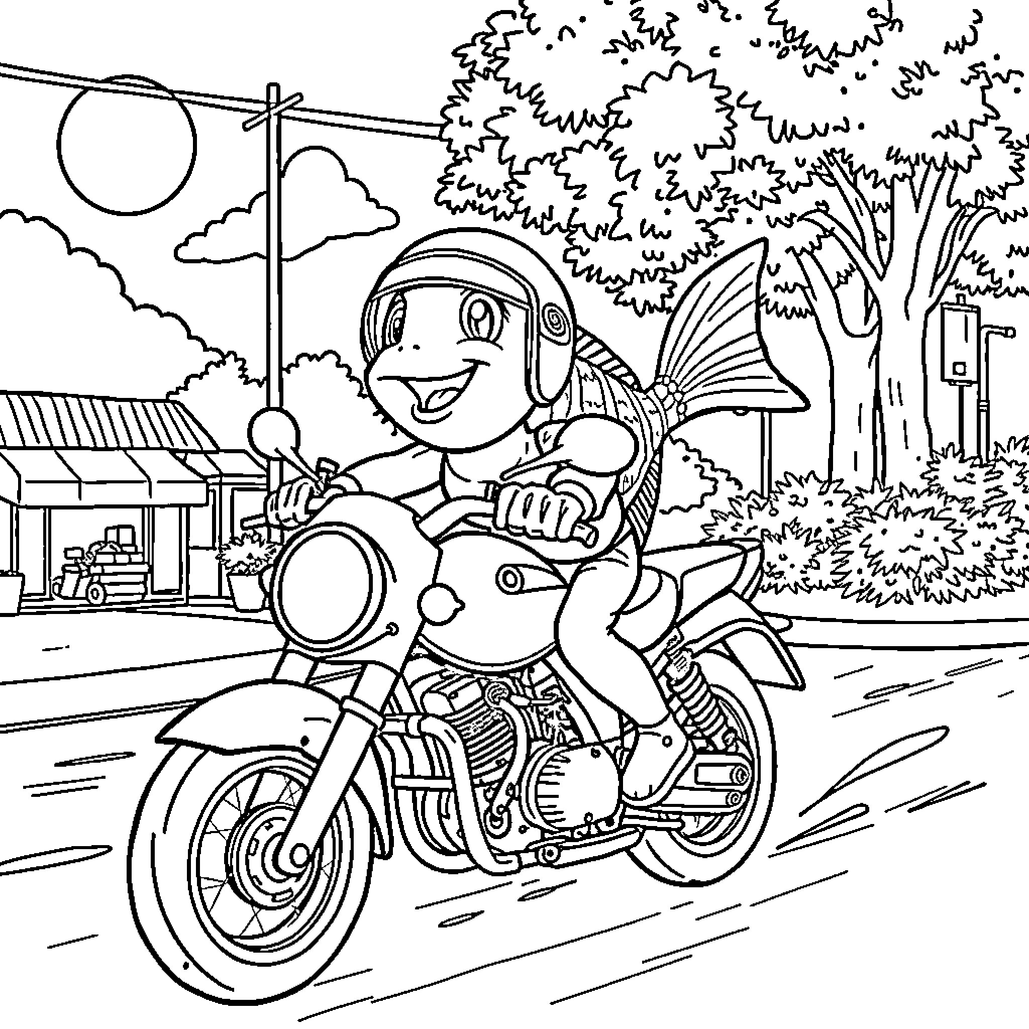 Fish riding motorcycle down country road Coloring Page (free black-and-white line drawing printable PDF for all, from beginners to advanced learners, including children, teens, adults, and seniors)