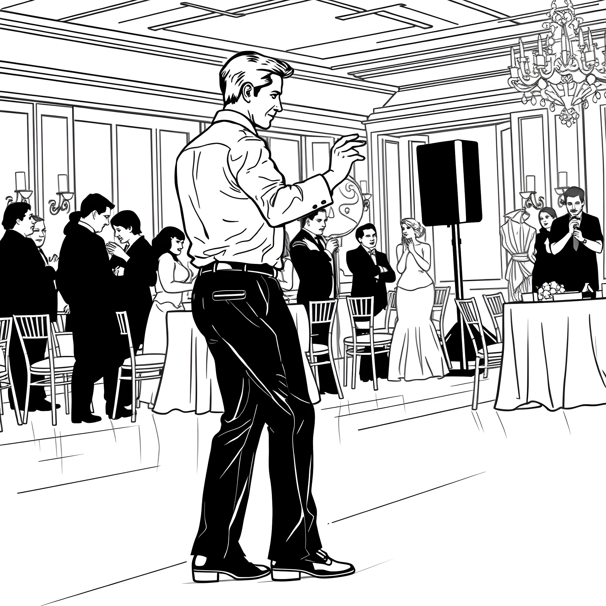 Man dancing at a formal event in a grand hall Coloring Page (free black-and-white line drawing printable PDF for all, from beginners to advanced learners, including children, teens, adults, and seniors)